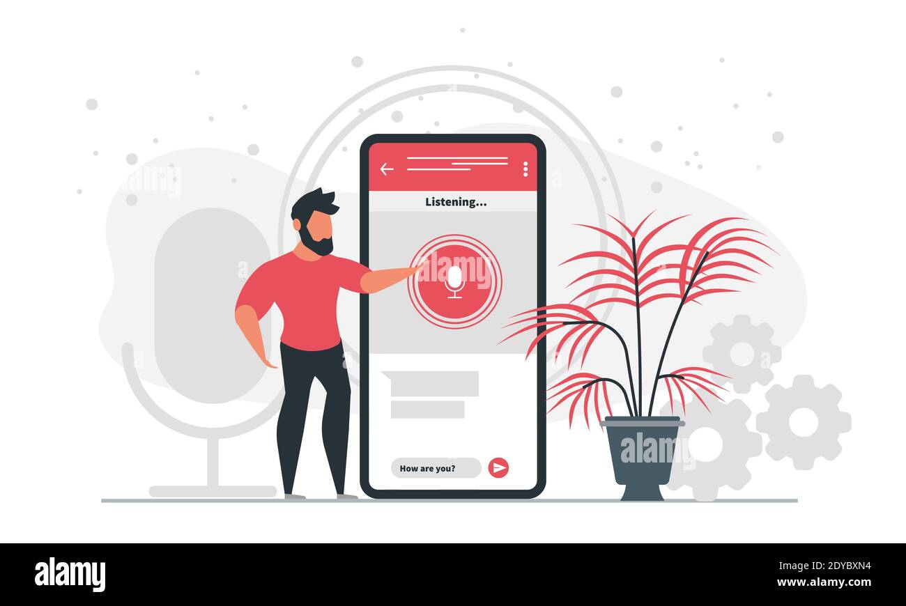 Speech to text technology illustration concept. A man translates speech into text online using the phone, light conversation with people. Online conve Stock Vector