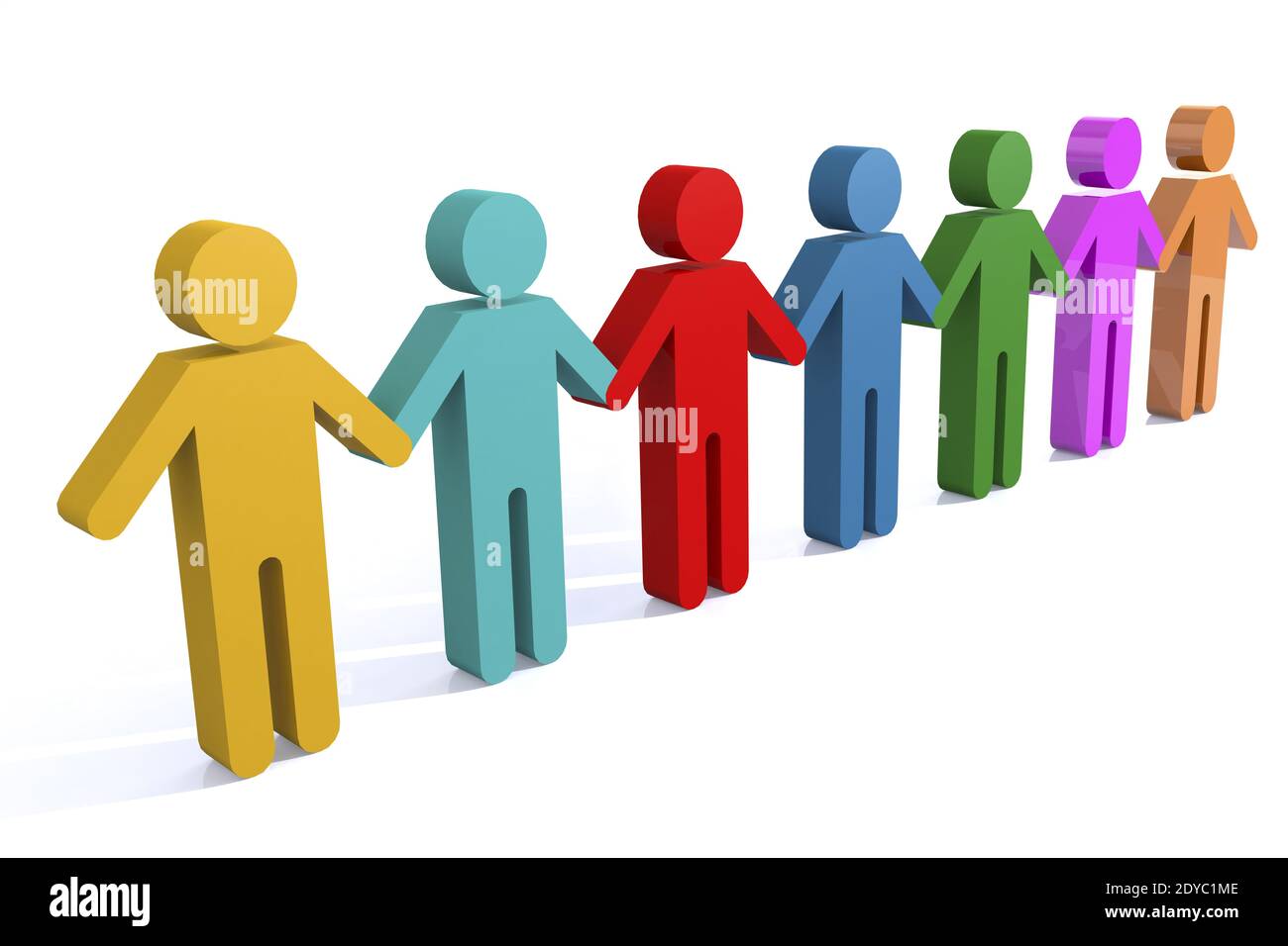 An illustration of colorful Puppets holding hands on line. Friendship, diversity concept 3D rendering Stock Photo