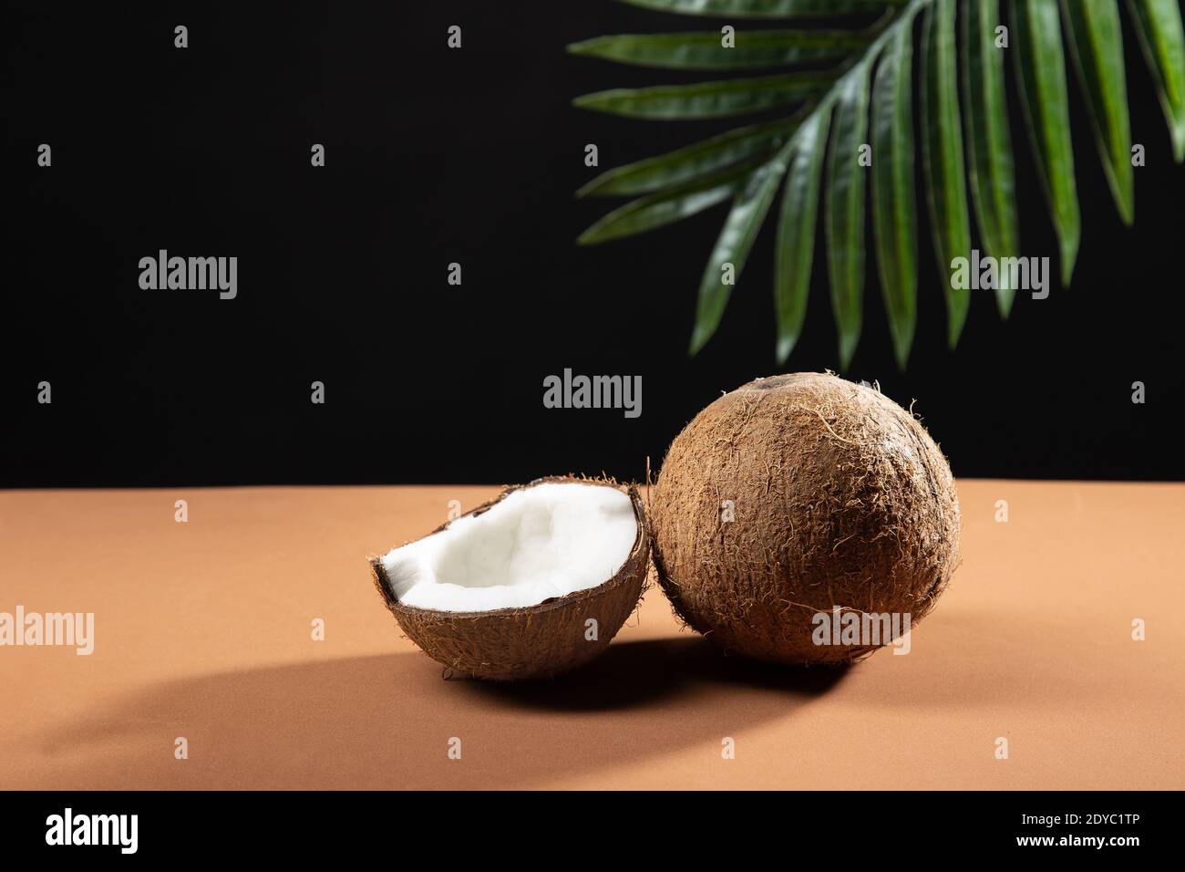 Split coconut with palm leaf in the background. Stock Photo