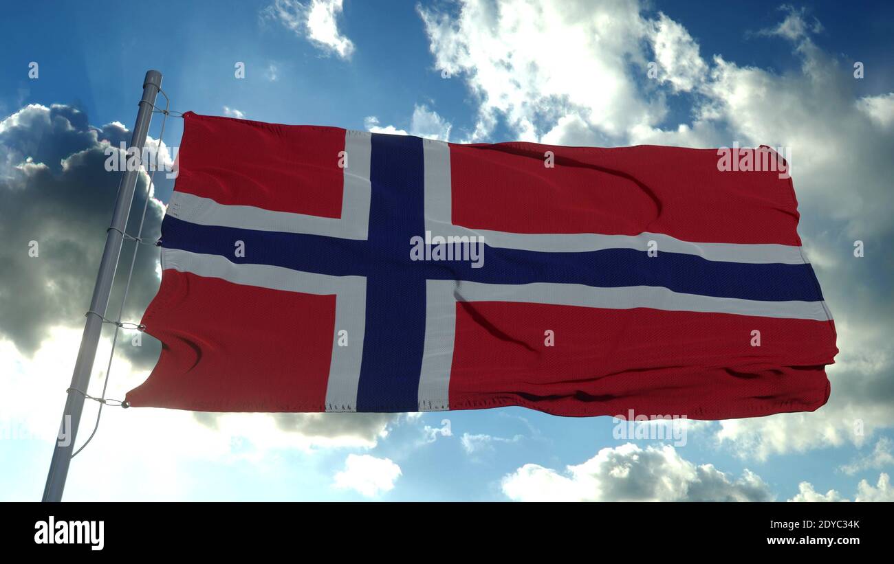 Norway flag waving in the wind against deep blue sky. National theme ...