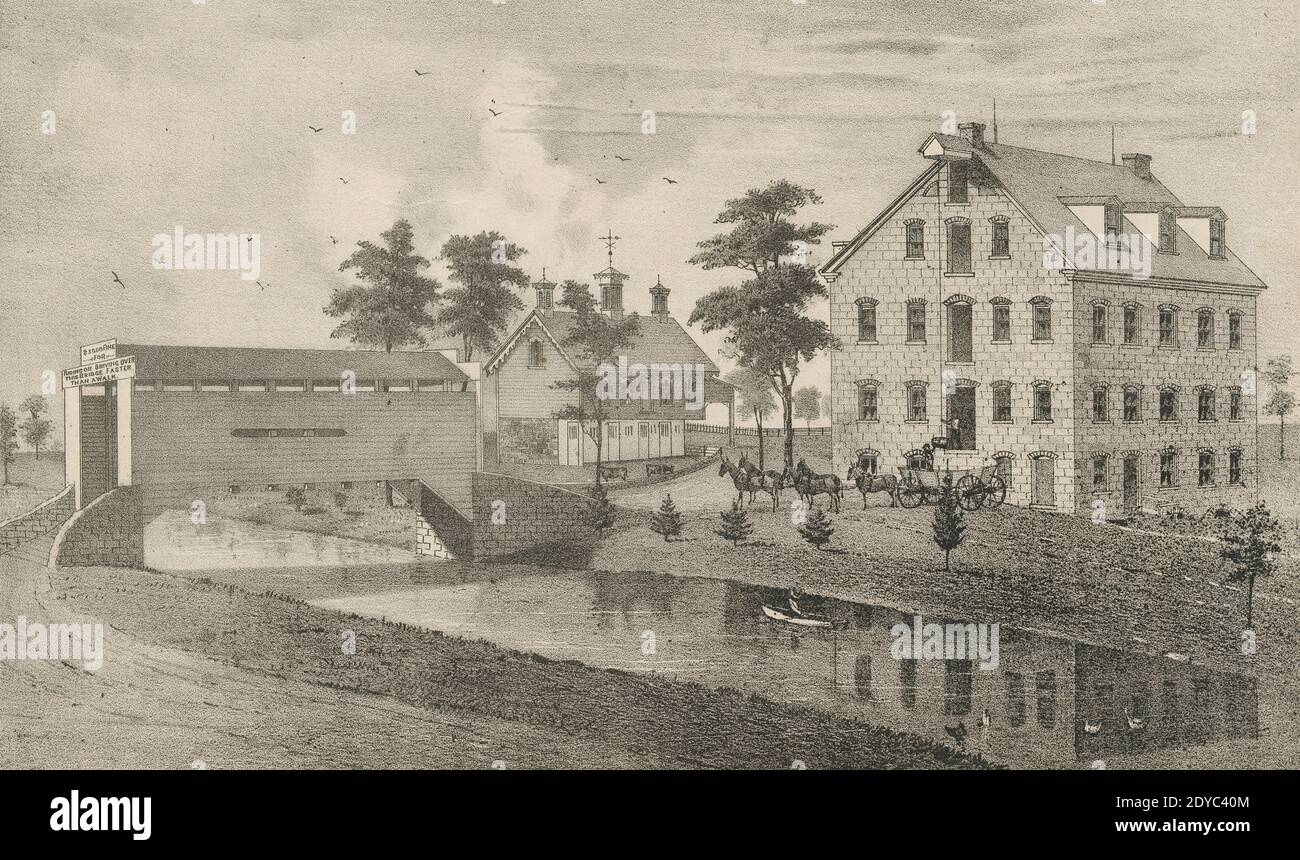 Antique 1875 engraving, Mill Property of Joel Wenger, Esquire in West Earl Township, Lancaster County, Pennsylvania. SOURCE: ORIGINAL ENGRAVING Stock Photo