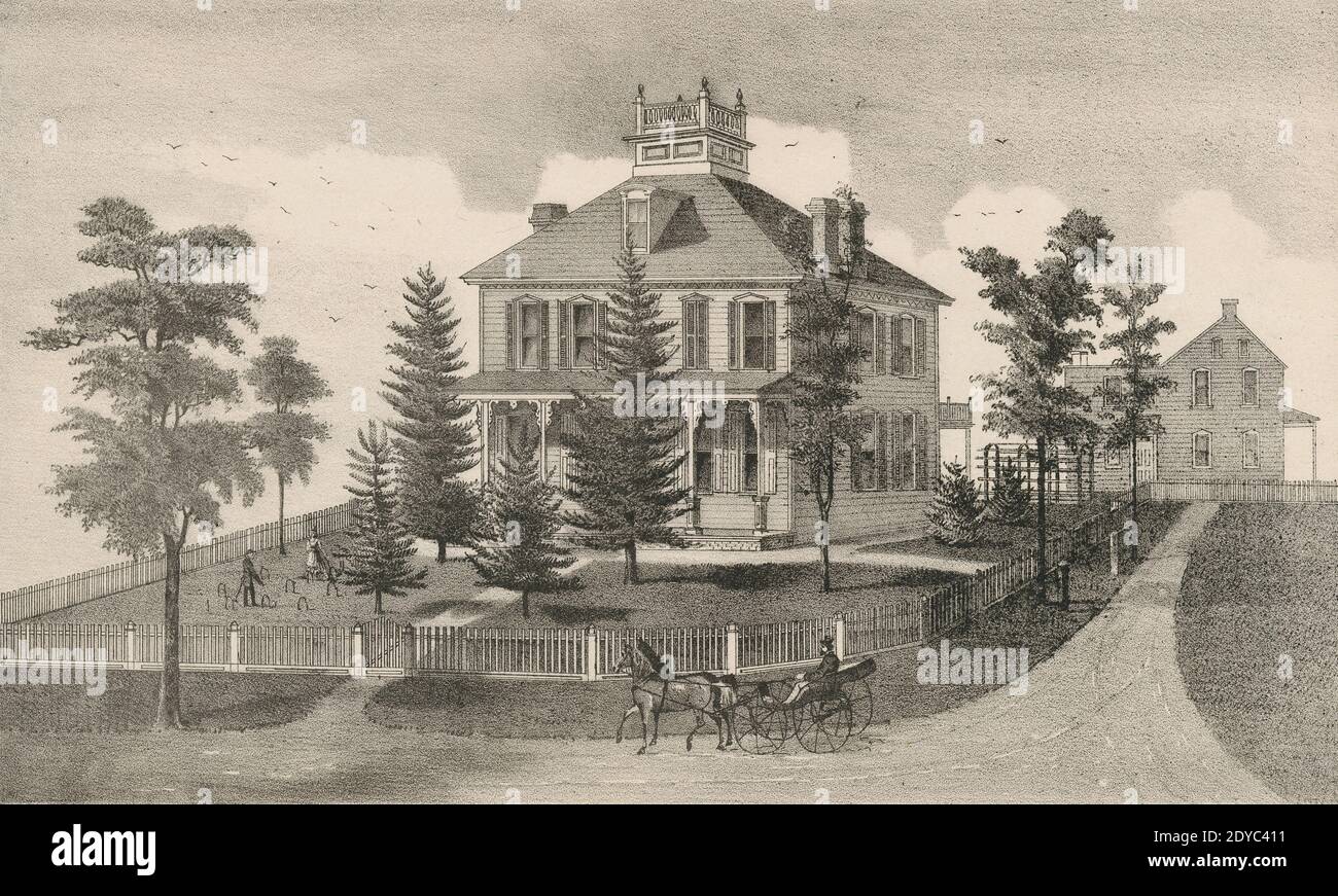Antique 1875 engraving, Residence of Joel Wenger, Esquire in West Earl Township, Lancaster County, Pennsylvania. SOURCE: ORIGINAL ENGRAVING Stock Photo