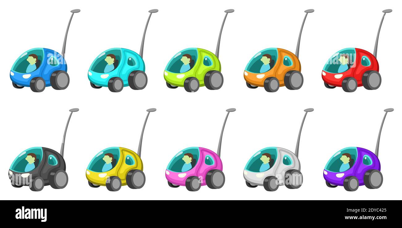 Tiny antenna cars cartoon design element set, isolated color vector, horizontal Stock Vector