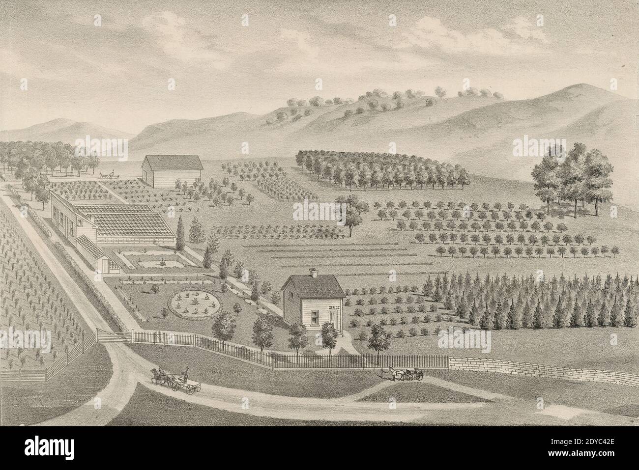 Antique 1875 engraving, Marietta Nurseries, and Green Houses of Engle and Brothers, Proprietors in Marietta borough, Lancaster County, Pennsylvania. SOURCE: ORIGINAL ENGRAVING Stock Photo