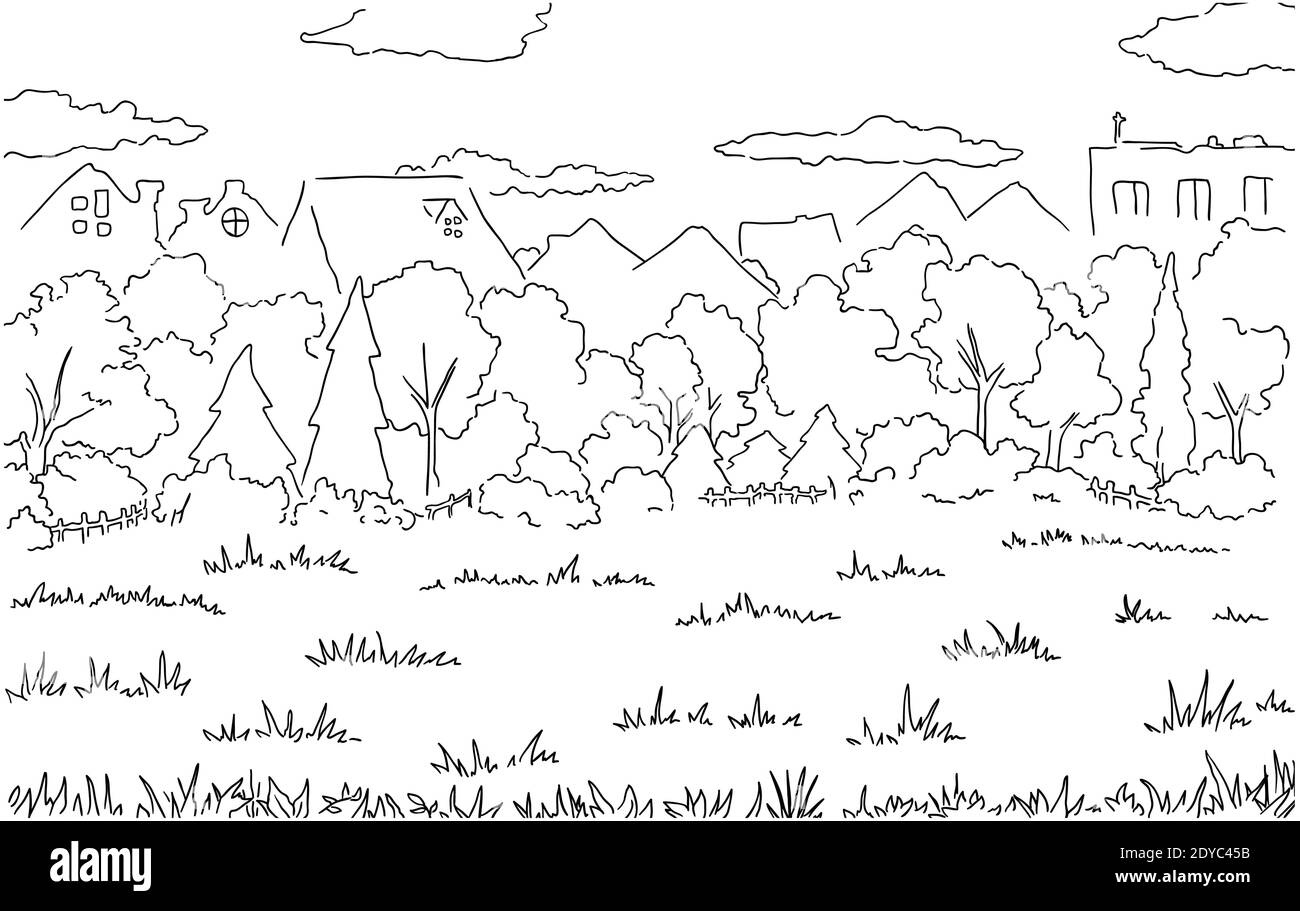 Park grass clear space scene line drawing background, vector