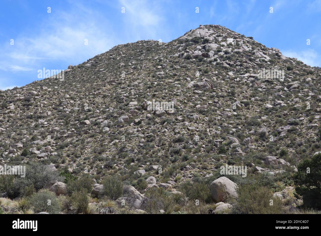 A mountain landscape with boulders nearby Sandia Peak Tramway located adjacent to Albuquerque, New Mexico Stock Photo
