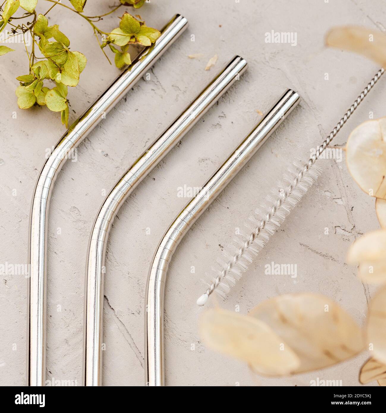stainless steel straws with small cleaning brush. zero waste concept Stock Photo Alamy