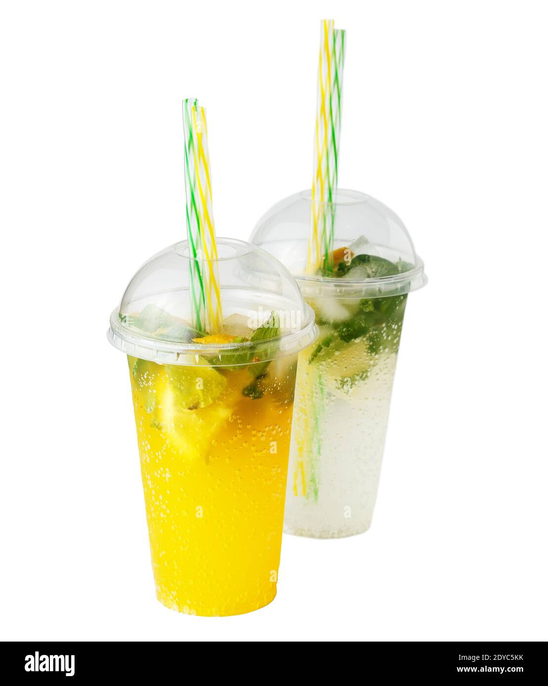Cooling lemonade drink in plastic cup glass with mint and sparkling