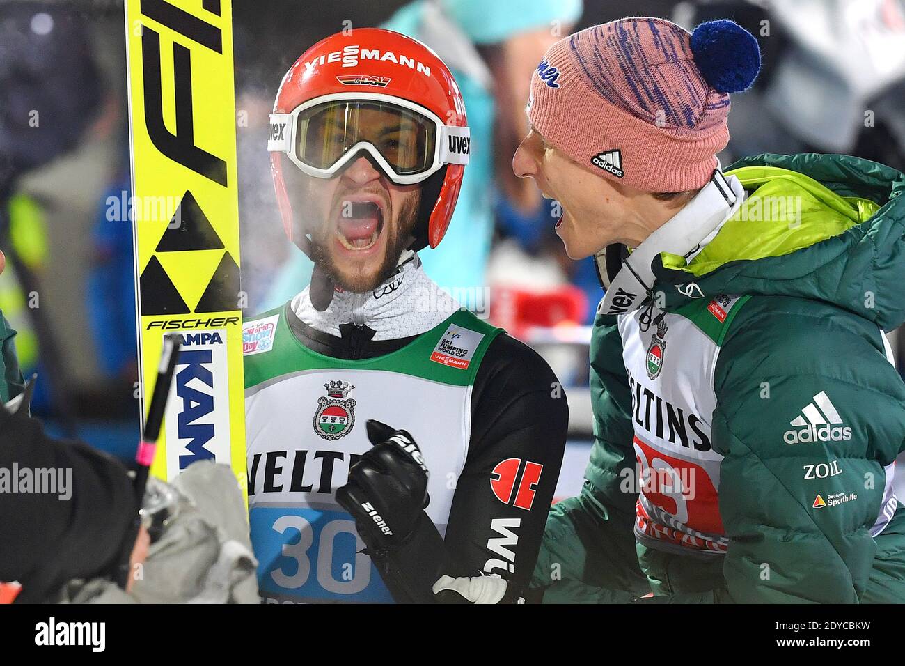 Preview of the 69th Four Hills Tournament 2020/2021: Markus EISENBICHLER (GER) jubilation, joy, enthusiasm for second place, with Karl GEIGER GER, right), action, ski jumping, 67th International Four Hills Tournament 2018/19. Opening competition in Oberstdorf, Erdinger Arena, on December 30th, 2018. Â | usage worldwide Stock Photo