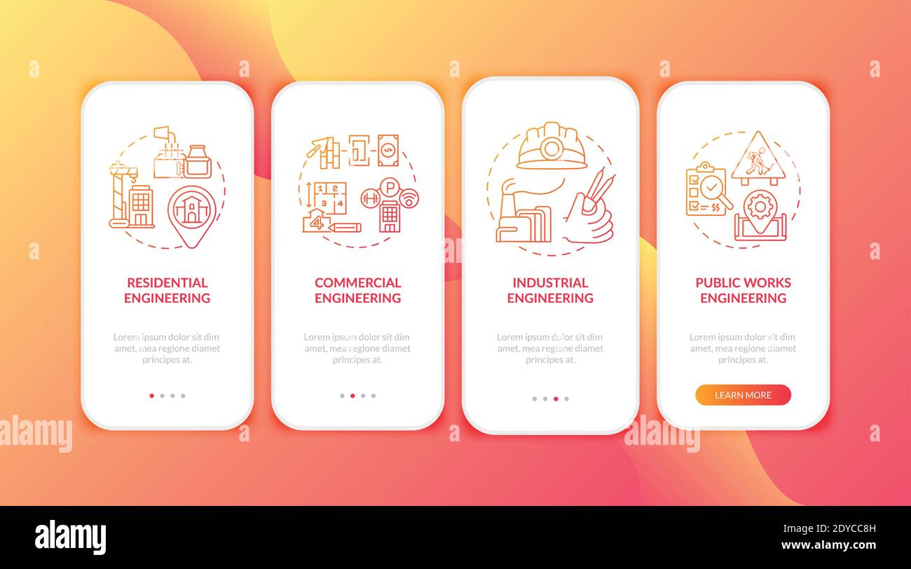 Industrial engineering red onboarding mobile app page screen with concepts Stock Vector