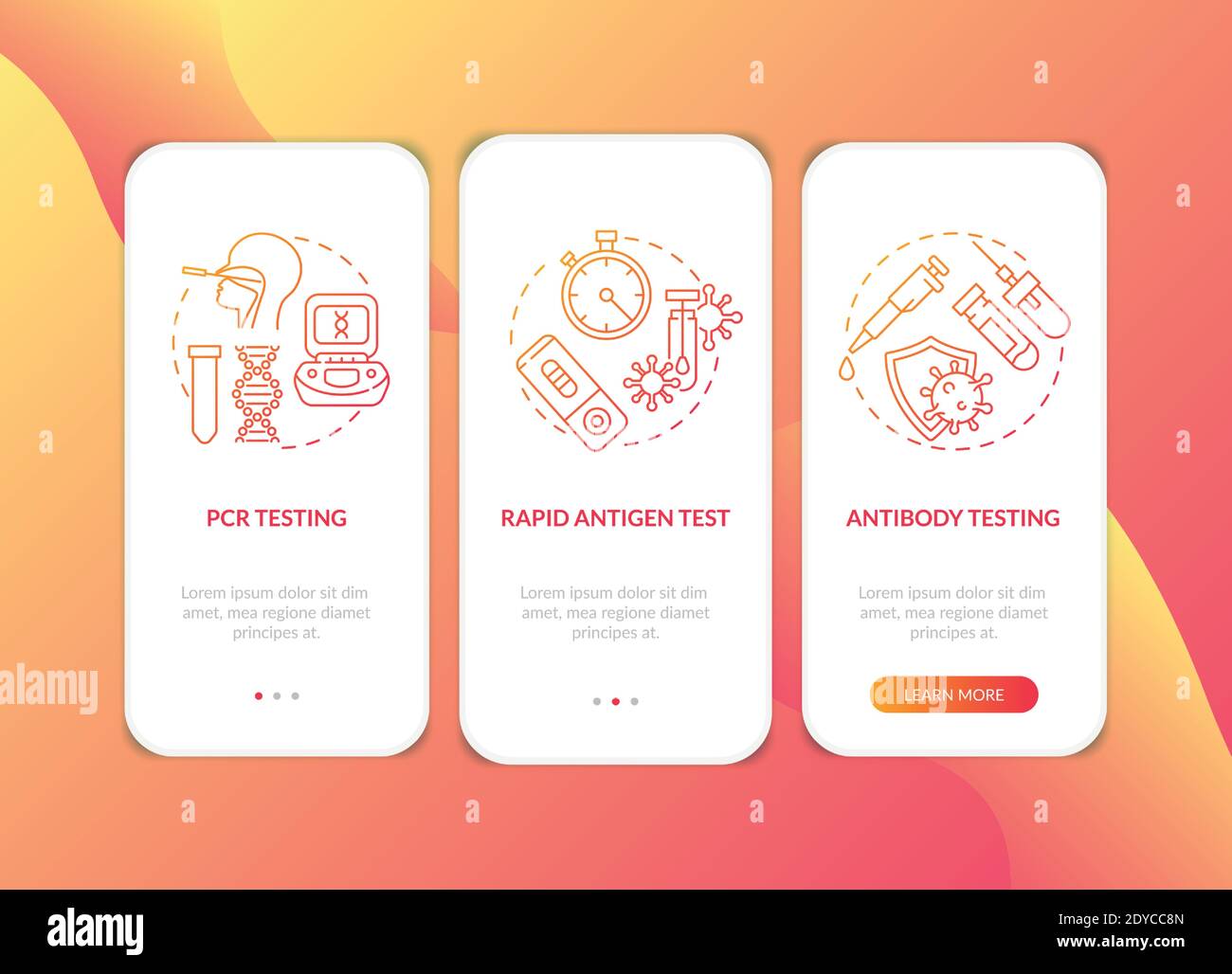 Covid testing types onboarding mobile app page screen with concepts Stock Vector