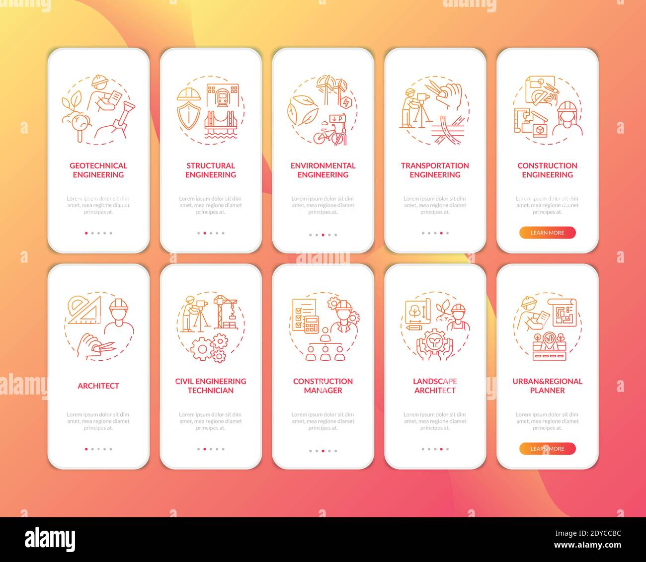 Engineering expertise types red onboarding mobile app page screen with concept set Stock Vector