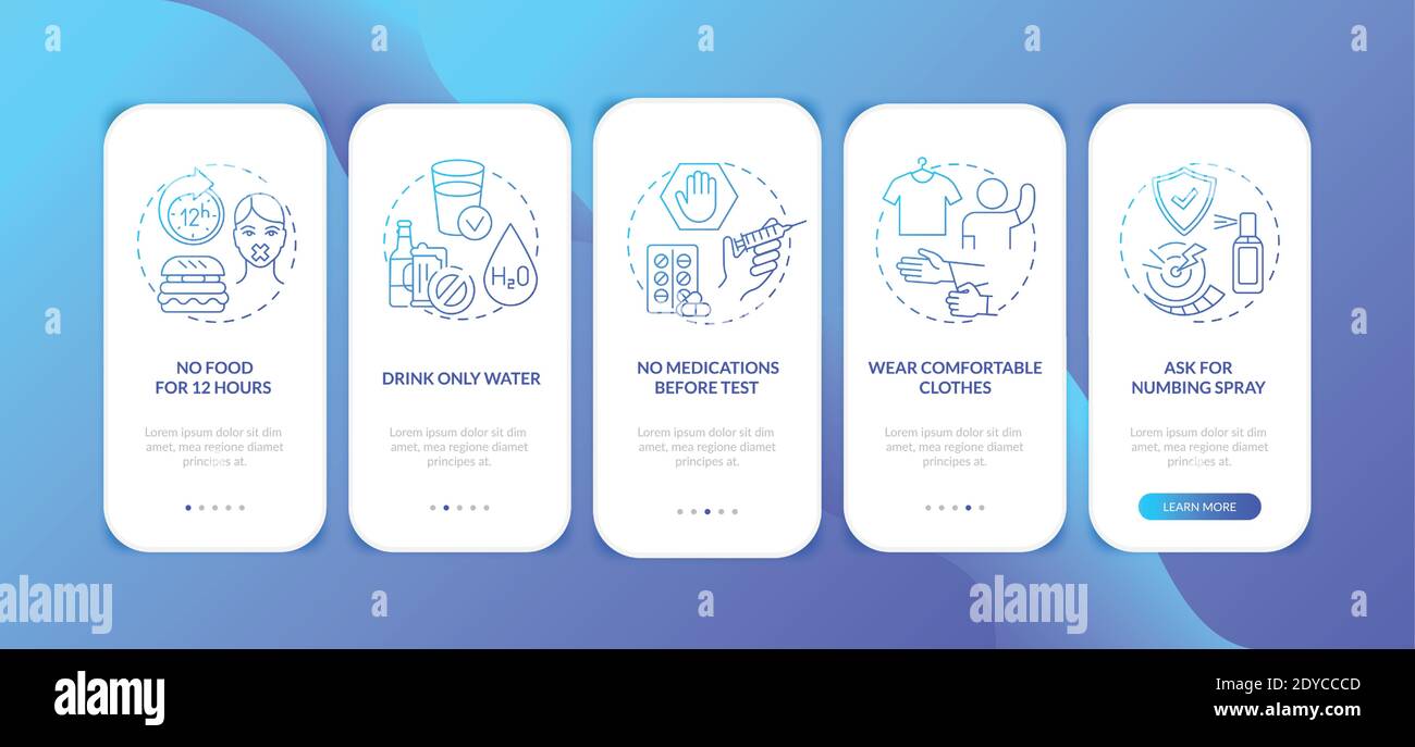 Blood test tips onboarding mobile app page screen with concepts Stock Vector