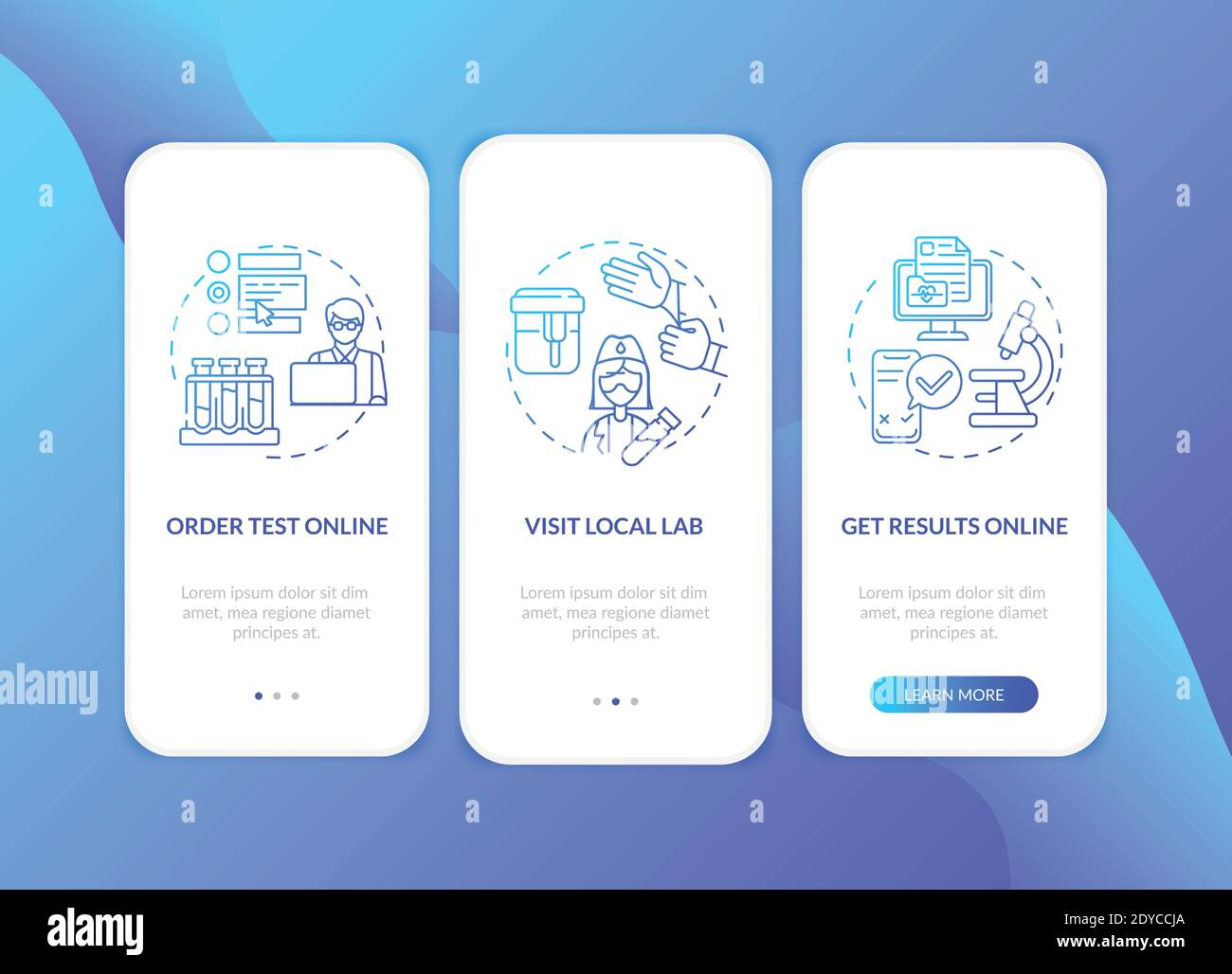 Lab test ordering steps onboarding mobile app page screen with concepts ...