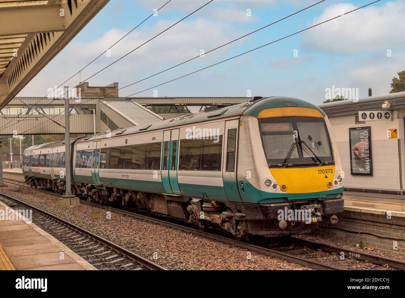 Class 170 units stands at Peterborough Station, Peterborough. Stock Photo