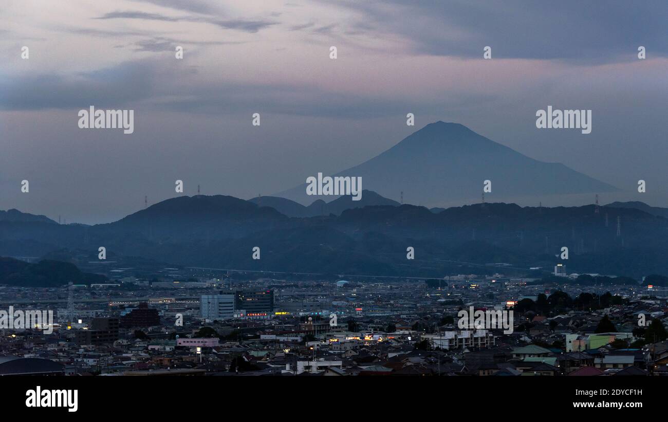 Mt Fuji at sunset seen from Shizuoka University, Shizuoka, Japan Stock Photo