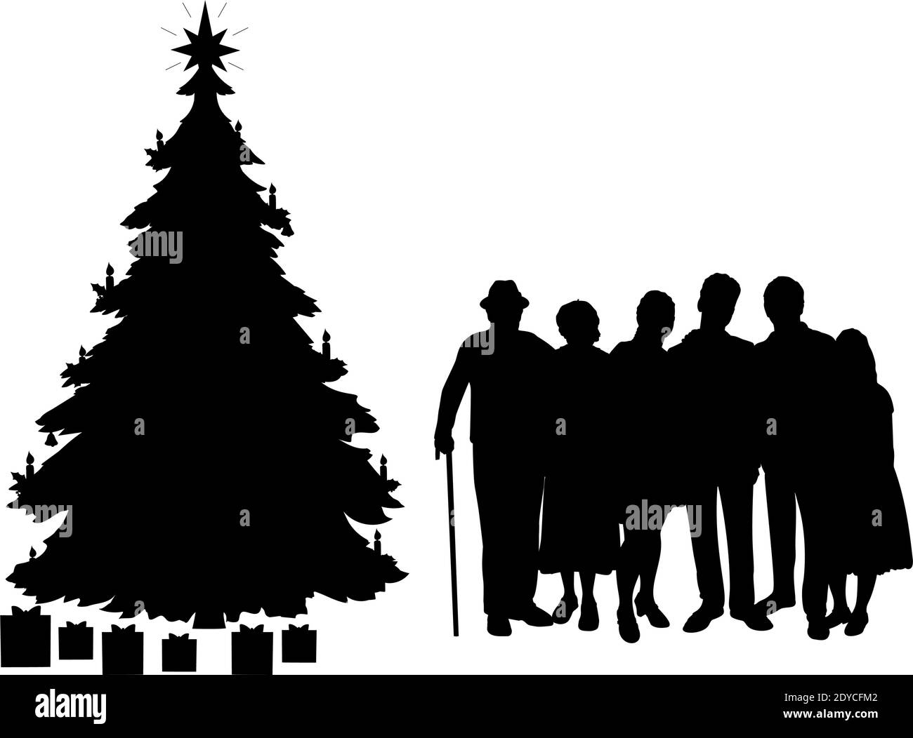Silhouettes family by the Christmas tree. Christmas holiday. Illustration symbol icon Stock Vector