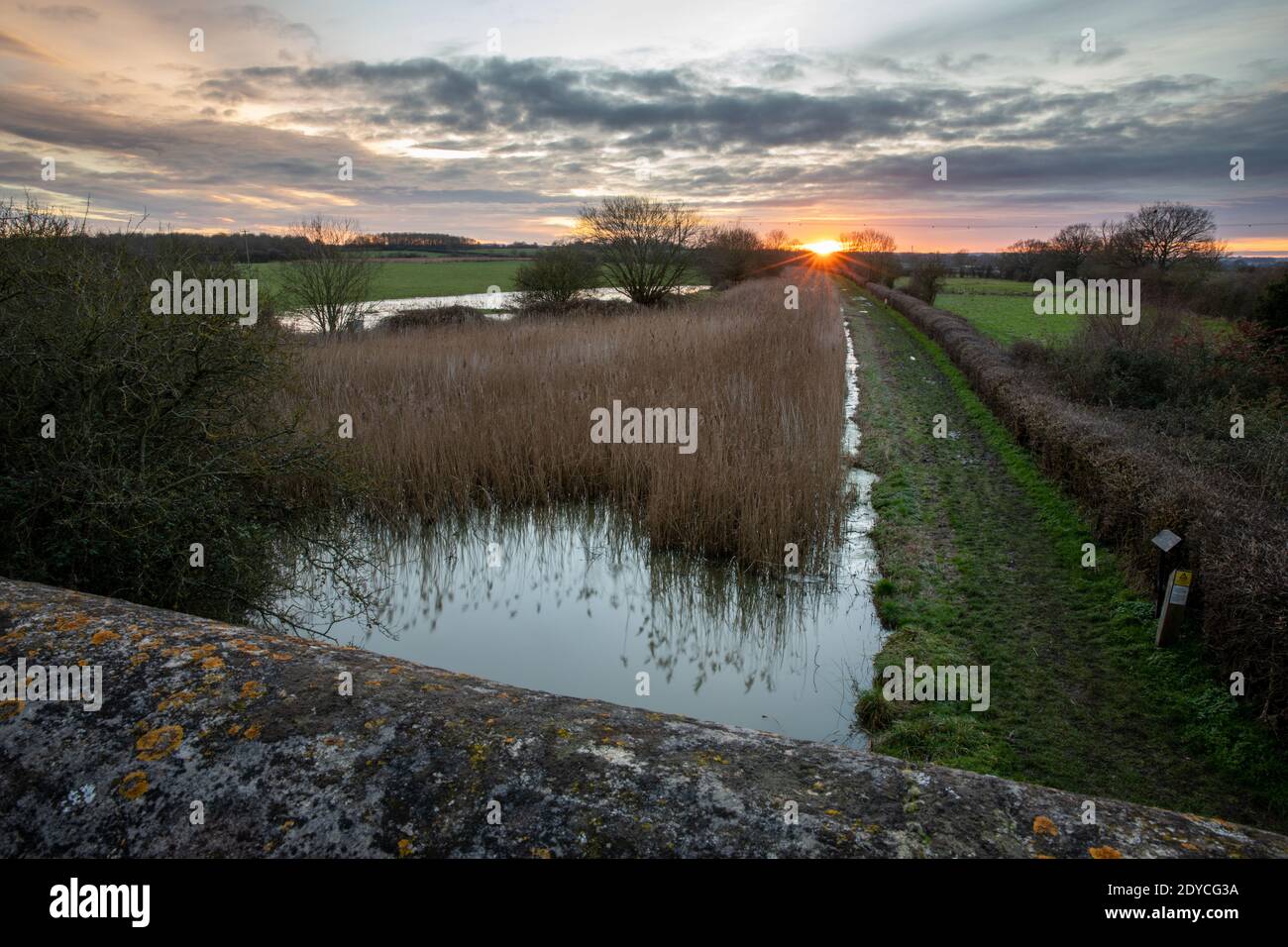 Sunset view on Grantham Canal downstream from Stathern Lodge Bridge (BR45), Stathern, Leicestershire Stock Photo