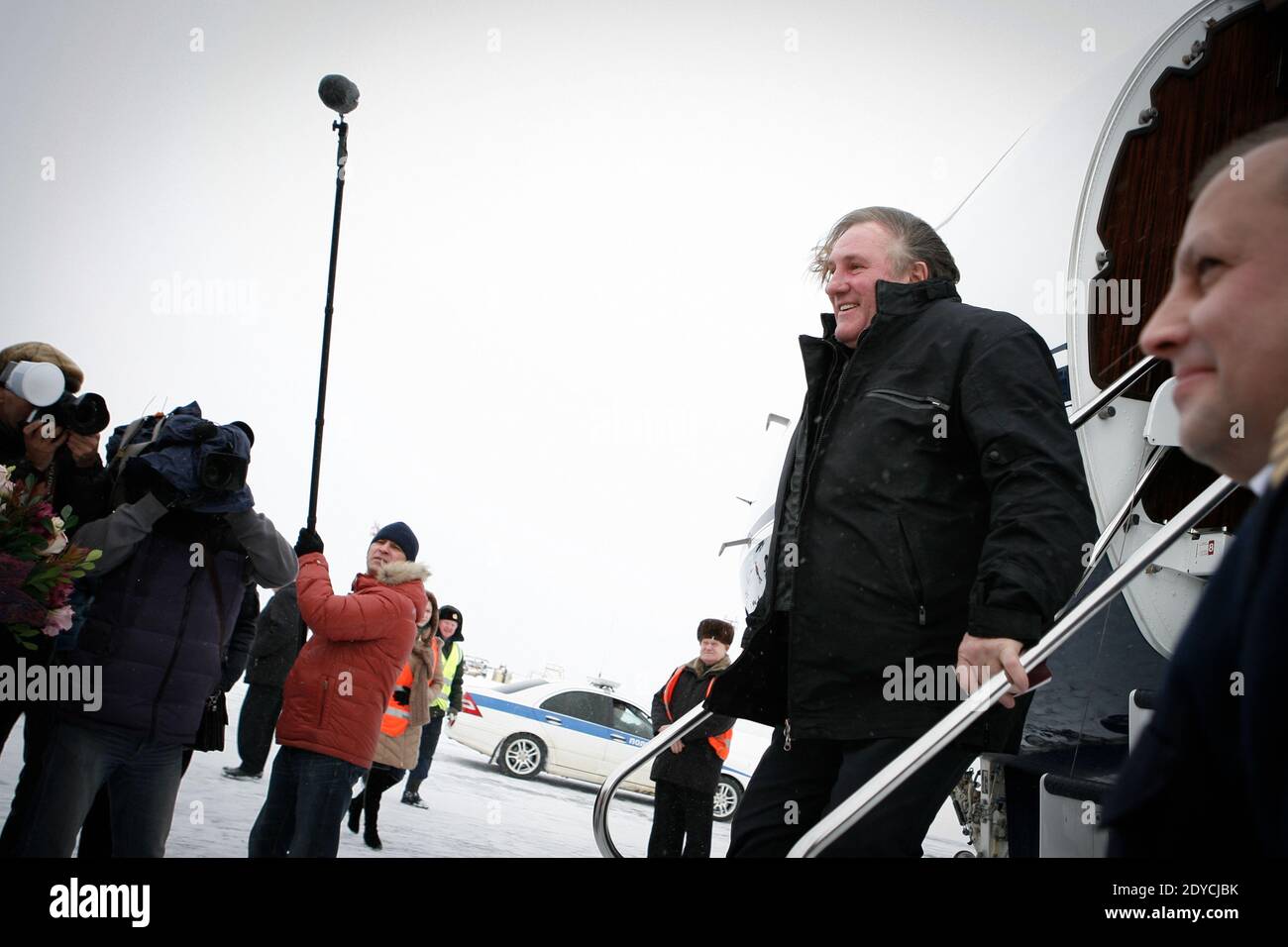 French actor Gerard Depardieu who was granted Russian citizenship is welcomed upon his arrival at the airport of Saransk, Mordovia, Russia, January 6, 2013. Photo by Marine Dumeurger/ABACAPRESS.COM Stock Photo