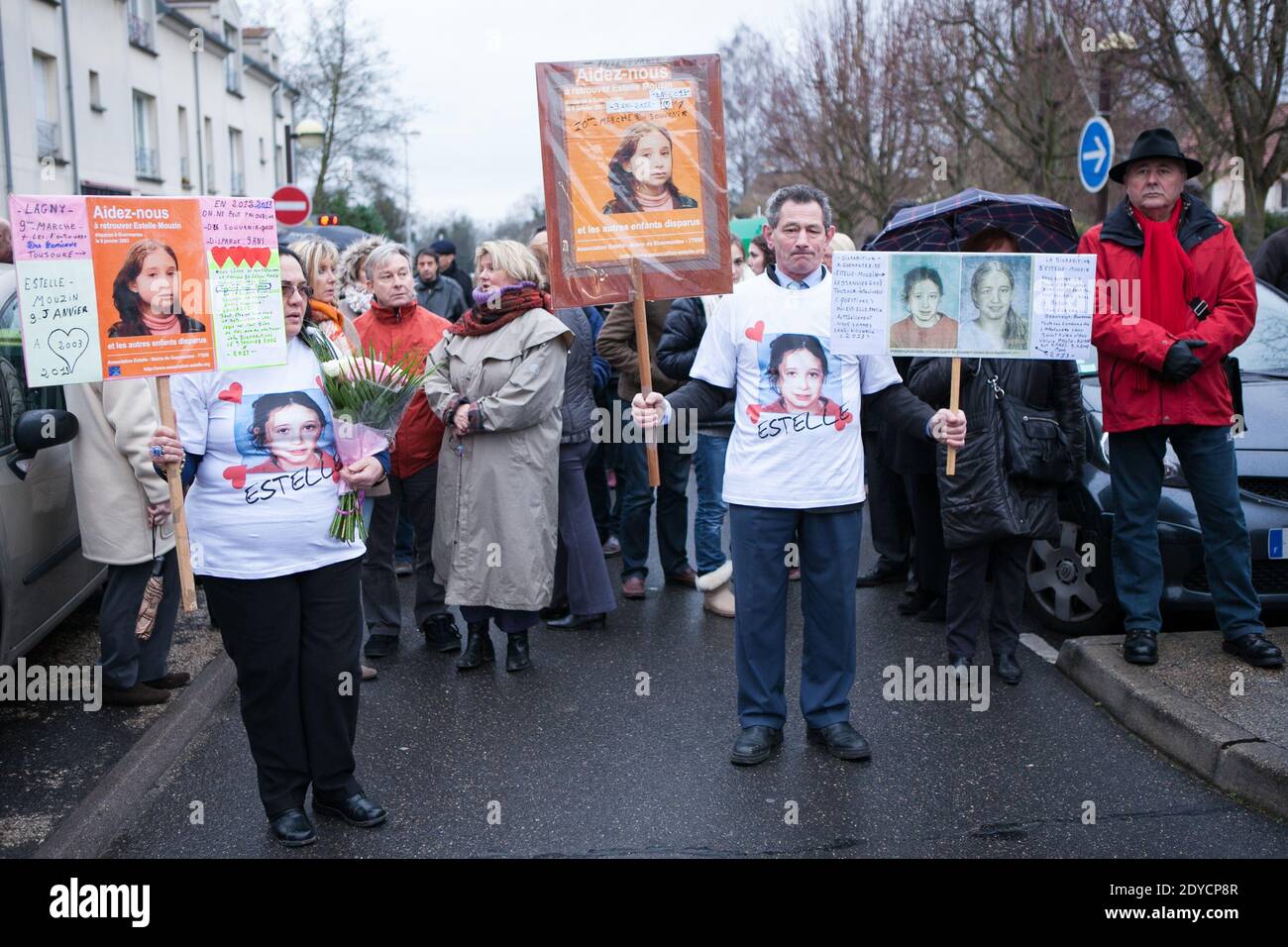 People participate in a march in memory of missing Estelle Mouzin in Guermantes, France on January 13, 2013. Estelle, aged 9, disappeared on her way home from school on Thursday 9th January, 2003. Photo by Audrey Poree/ABACAPRESS.COM Stock Photo