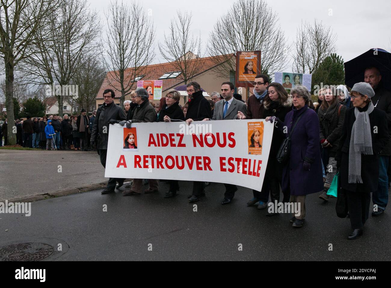 People participate in a march in memory of missing Estelle Mouzin in Guermantes, France on January 13, 2013. Estelle, aged 9, disappeared on her way home from school on Thursday 9th January, 2003. Photo by Audrey Poree/ABACAPRESS.COM Stock Photo