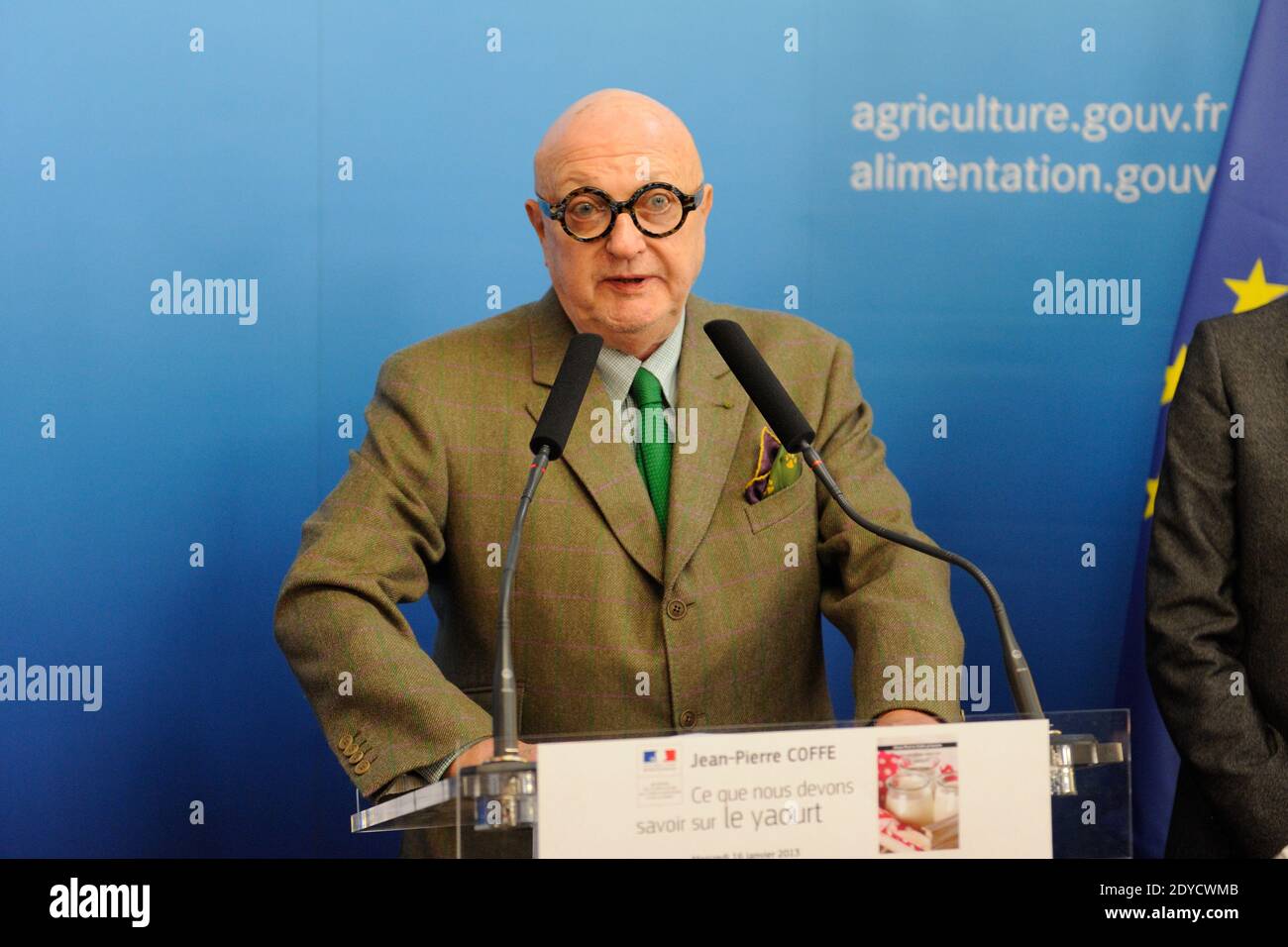 Jean-Pierre Coffe delivers a speech during the presentation of Jean-Pierre Coffe's latest book 'Ce Que Nous Devons Savoir Sur Le Yaourt' at the Ministry of Agriculture in Paris, France on January 16, 2013. Photo by Alban Wyters/ABACAPRESS.COM Stock Photo