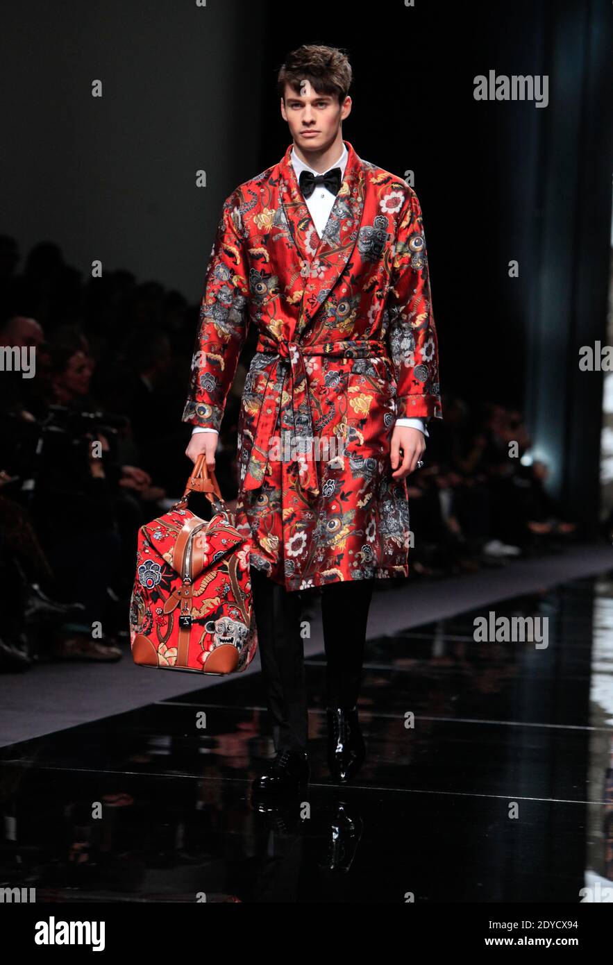 A model wears a creation by Kim Jones for Louis Vuitton men's Fall