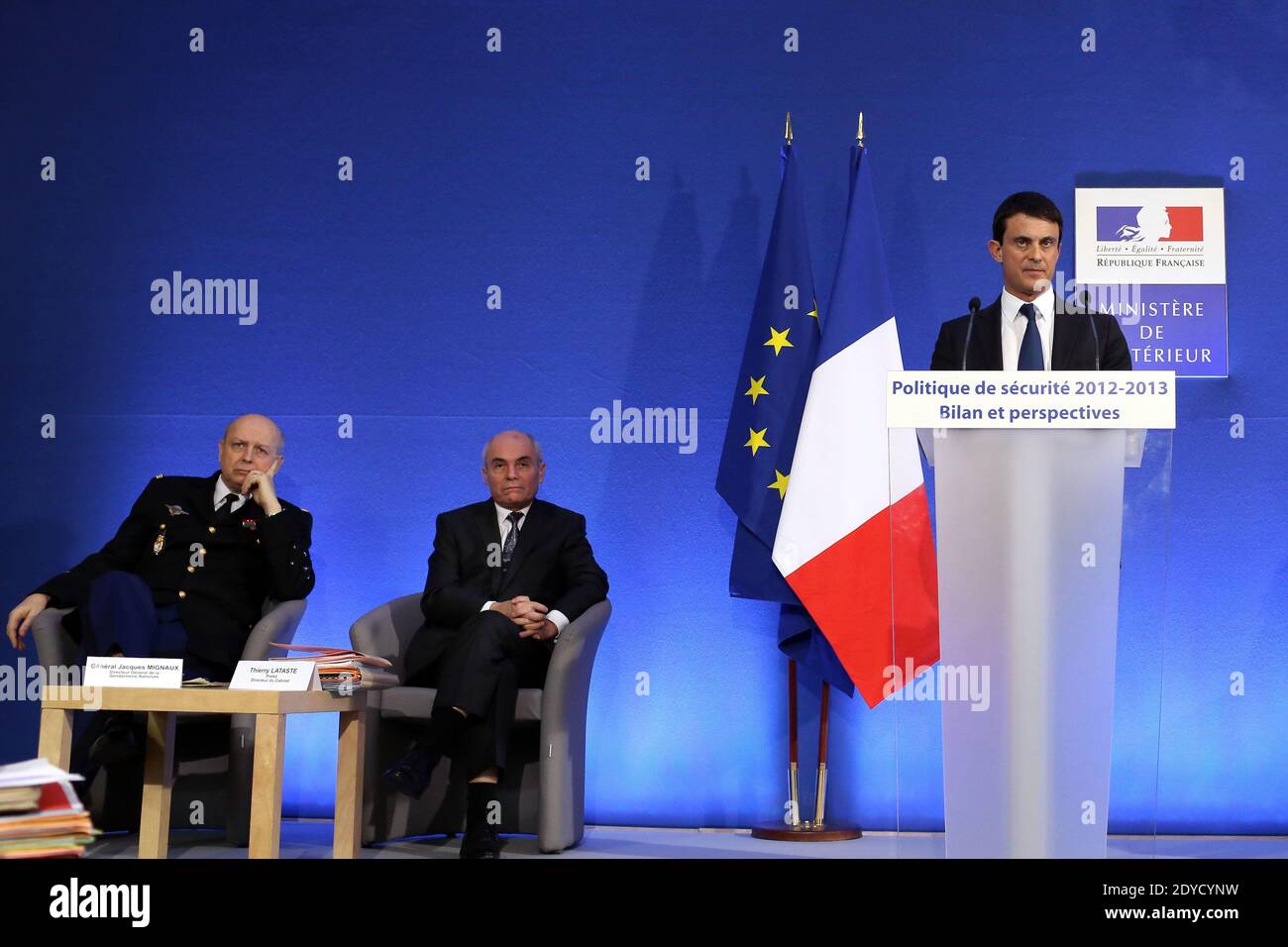 French Interior minister Manuel Valls flanked by Jacques Mignaux general director of the gendarmerie nationale and Thierry Lataste, chief of staff of French Interior minister delivers a speech at the ministry in Paris, to present his report of the past year and the prospects of the security policy for the upcoming year, in Paris, France on January 18, 2013 Photo by Stephane Lemouton/ABACAPRESS.COM. Stock Photo