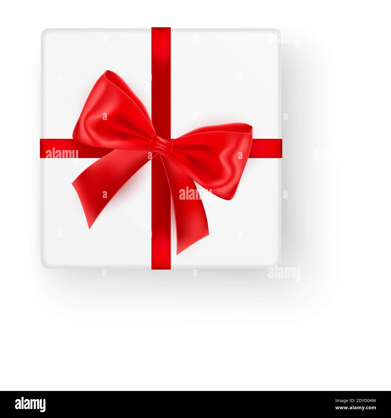 White square gift box with big shiny red bow ribbon top view isolated on white background