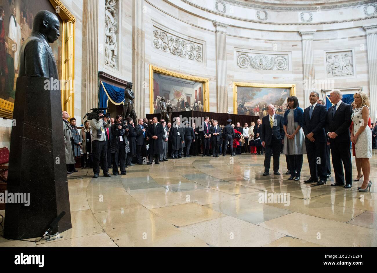 From left, Sen. Lamar Alexander, R-Tenn., First lady Michelle Obama, President Barack Obama, Speaker of the House John Boehner, R-Ohio, Vice President Joe Biden, House Minority Leader Nancy Pelosi, D-Calif., and Jill Biden pause to pay their respects at the Martin Luther King, Jr. statue in the Capitol rotunda as they leave the 2013 Inaugural Luncheon following President Obama's inauguration in Washington on January 21, 2013. Photo by Bill Clark/ABACAUSA.COM Stock Photo