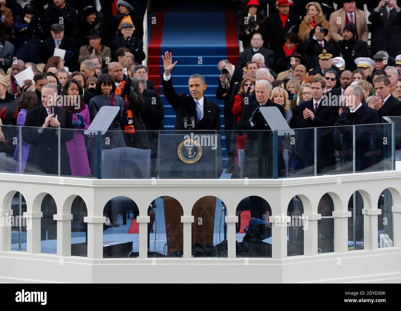 President Barack Obama waves to crowd after his speech at the ceremonial swearing-in at the U.S. Capitol during the 57th Presidential Inauguration in Washington on January 21, 2013. Photo by Scott Andrews/Pool/ABACAPRESS.COM Stock Photo