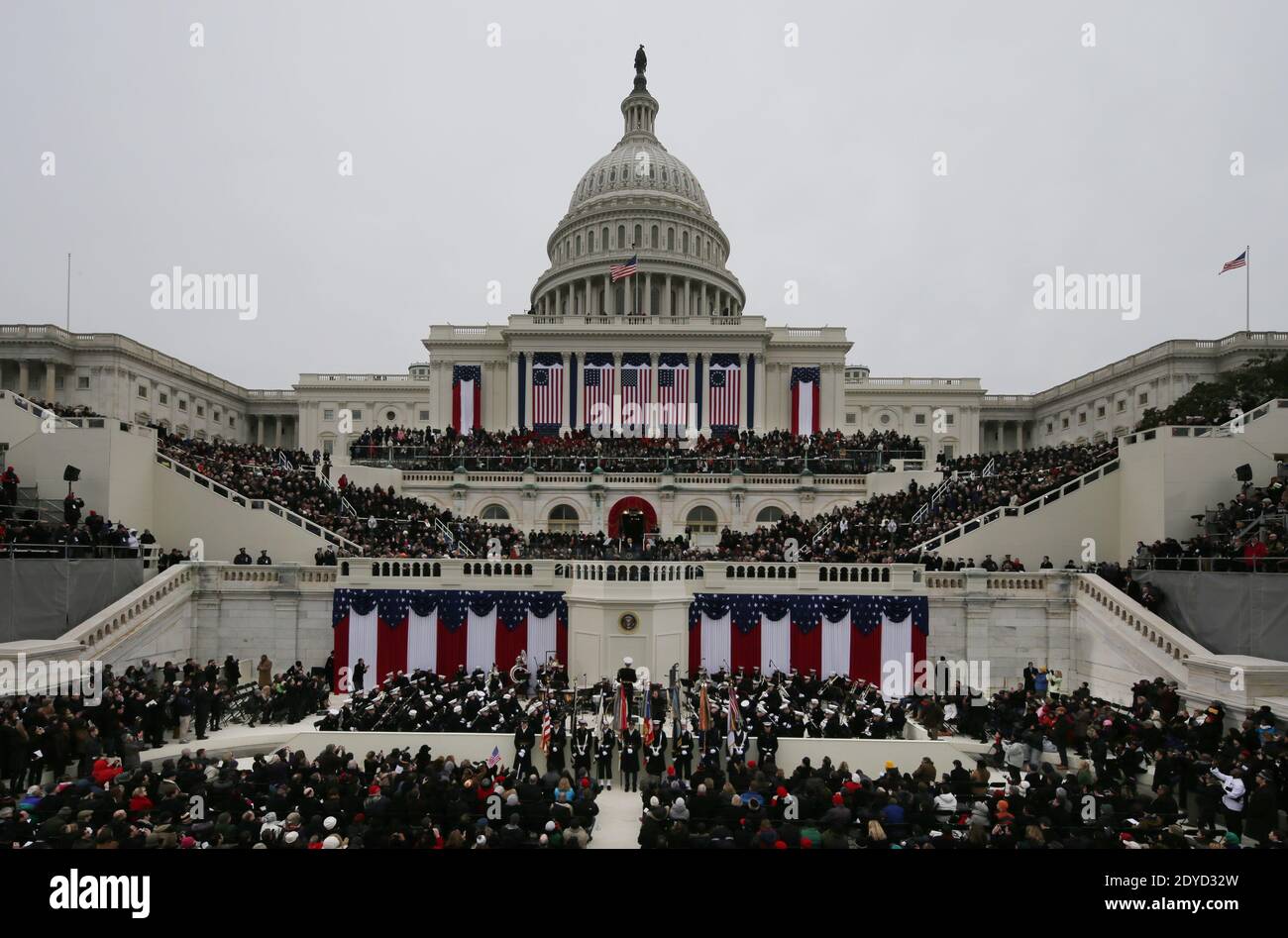 President Barack Obama waves to spectators after his speech at the ceremonial swearing-in at the U.S. Capitol during the 57th Presidential Inauguration in Washington on January 21, 2013. Photo by Scott Andrews/Pool/ABACAPRESS.COM Stock Photo