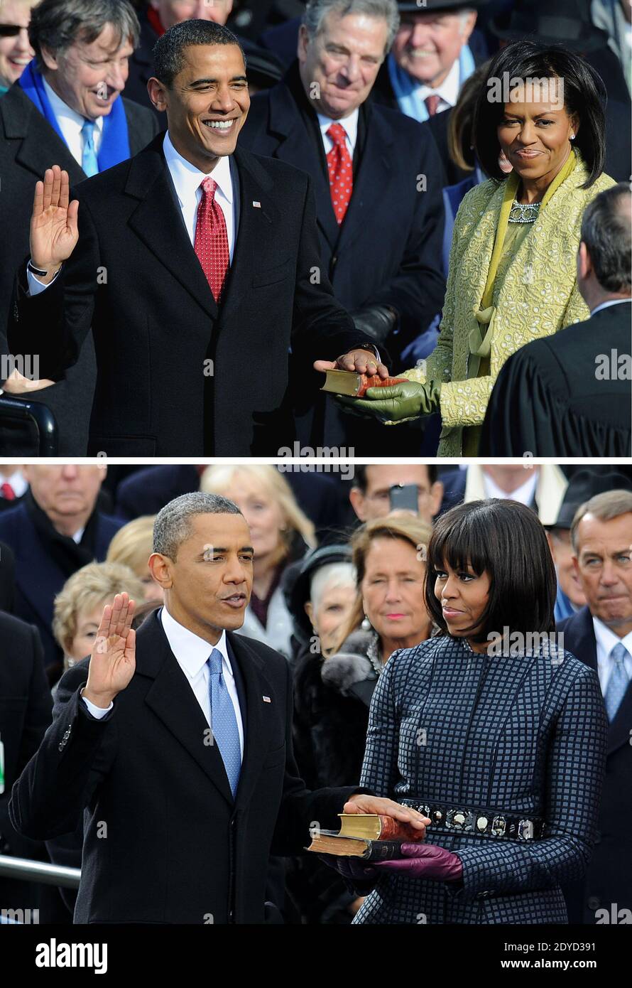 Composite image of President Barack Obama's first (up) and second inaugurations alongside First Lady Michelle in Washington, DC, USA, on January 20, 2009 and January 21, 2013. Photo by Hahn-JMP-Douliery/ABACAPRESS.COM Stock Photo