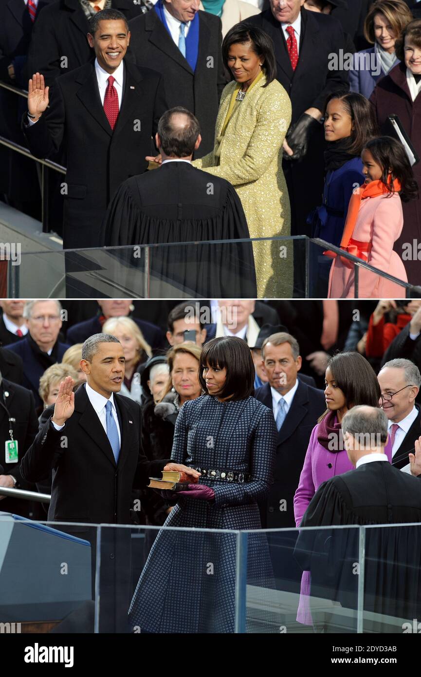 Composite image of President Barack Obama's first (up) and second inaugurations alongside First Lady Michelle and daughters in Washington, DC, USA, on January 20, 2009 and January 21, 2013. Photo by Hahn-JMP-Douliery/ABACAPRESS.COM Stock Photo