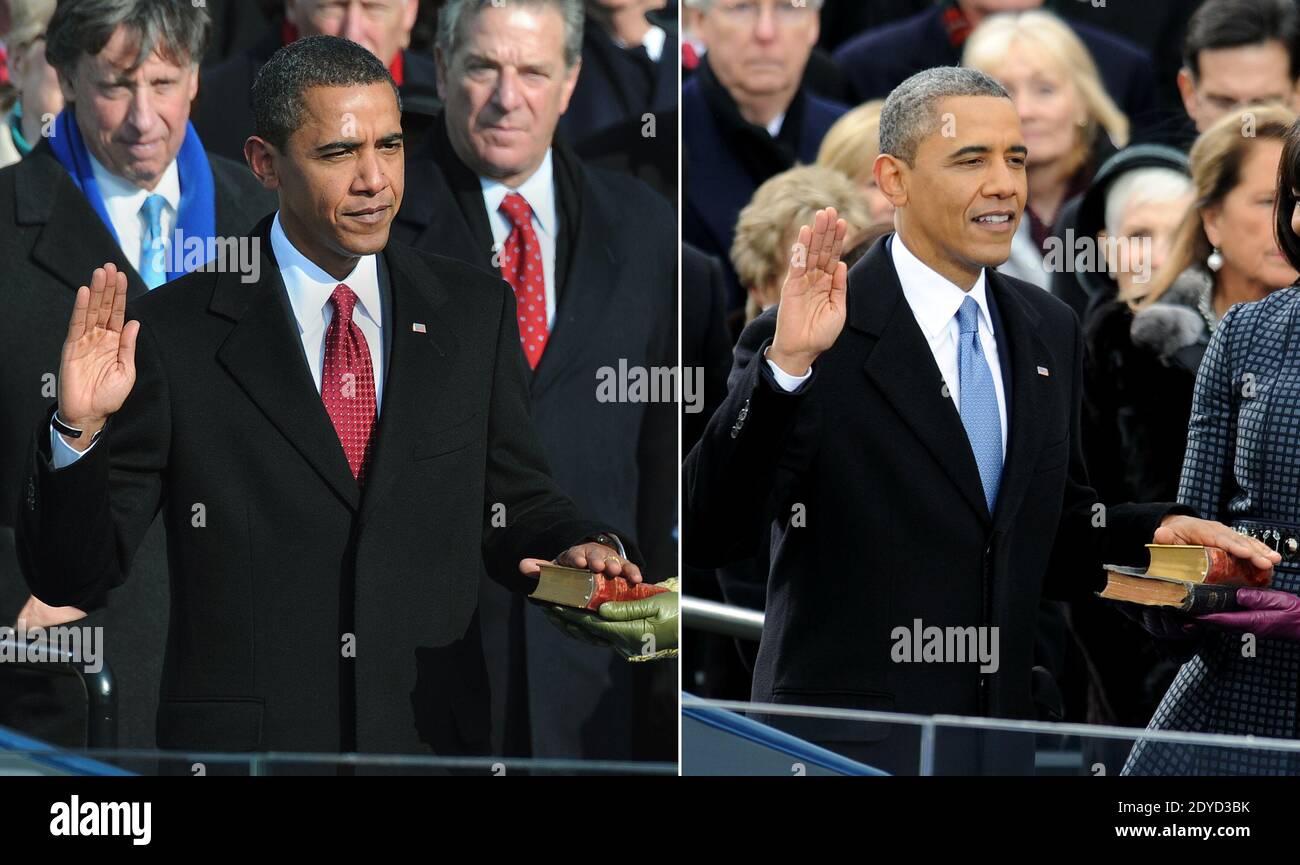 Composite image of President Barack Obama's first (left) and second inaugurations in Washington, DC, USA, on January 20, 2009 and January 21, 2013. Photo by Hahn-JMP-Douliery/ABACAPRESS.COM Stock Photo