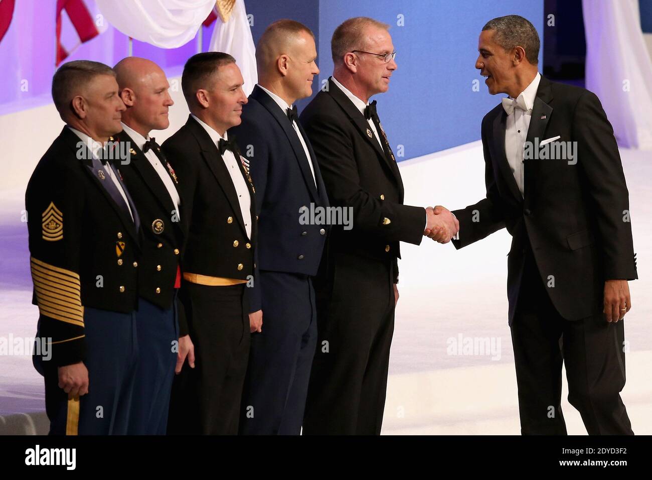 U.S. President Barack Obama (R) thanks (L-R) Sergeant Major of the Army Raymond Chandler, Sergeant Major of the Marine Corps Micheal Barrett, Master Chief Petty Officer of the Navy Michael Stevens, Chief Master Sergeant of the Air Force James Roy and Master Chief Petty Officer of the Coast Guard Michael Leavitt during the Commander-In-Chief Ball at the Walter Washington Convention Center in Washington, DC on January 21, 2013. President Obama started his second term by taking the Oath of Office earlier in the day during a ceremony on the West Front of the U.S. Capitol. Photo by Chip Somodevilla Stock Photo