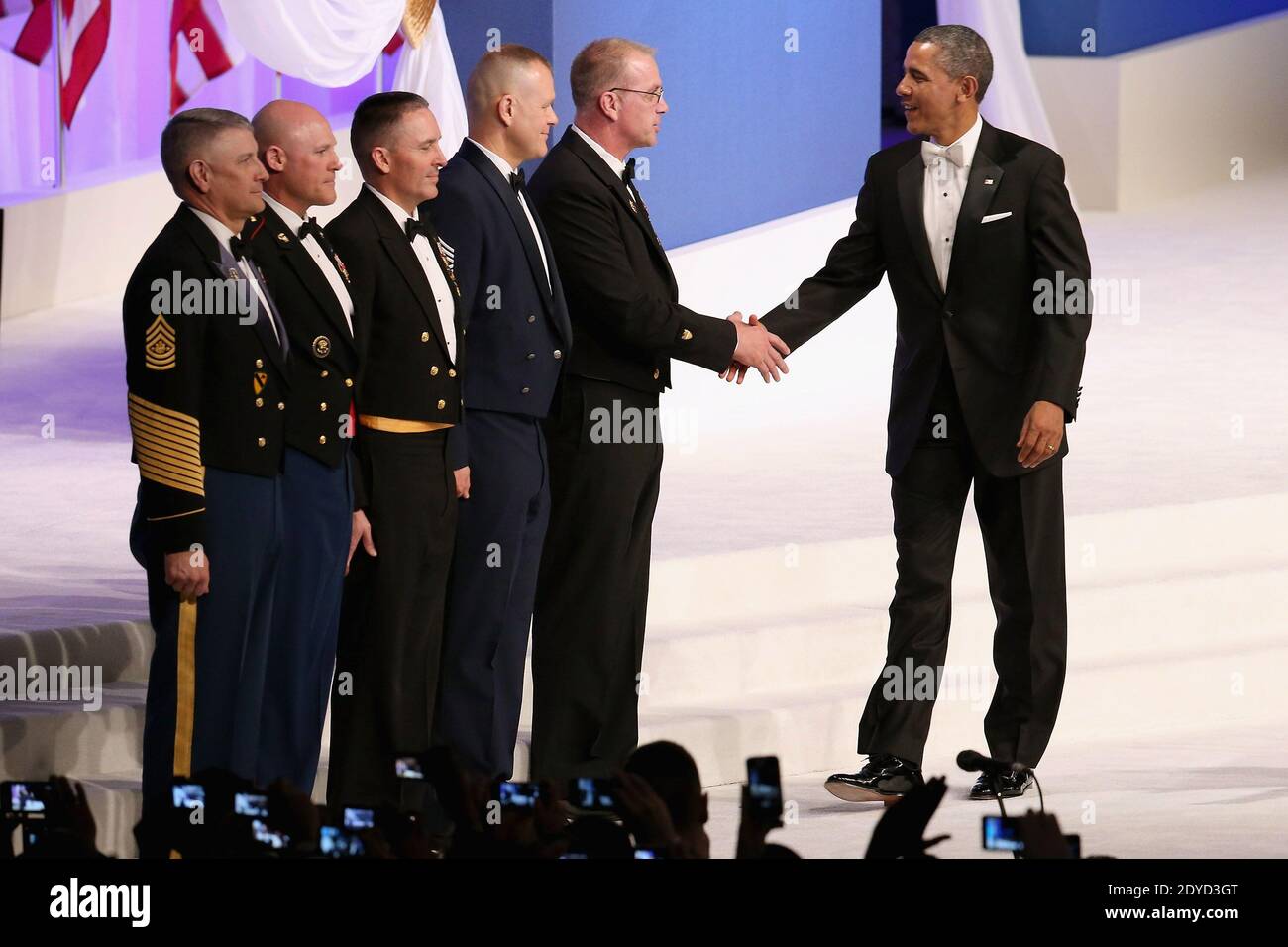 U.S. President Barack Obama (R) thanks (L-R) Sergeant Major of the Army Raymond Chandler, Sergeant Major of the Marine Corps Micheal Barrett, Master Chief Petty Officer of the Navy Michael Stevens, Chief Master Sergeant of the Air Force James Roy and Master Chief Petty Officer of the Coast Guard Michael Leavitt during the Commander-In-Chief Ball at the Walter Washington Convention Center in Washington, DC on January 21, 2013. President Obama started his second term by taking the Oath of Office earlier in the day during a ceremony on the West Front of the U.S. Capitol. Photo by Chip Somodevilla Stock Photo