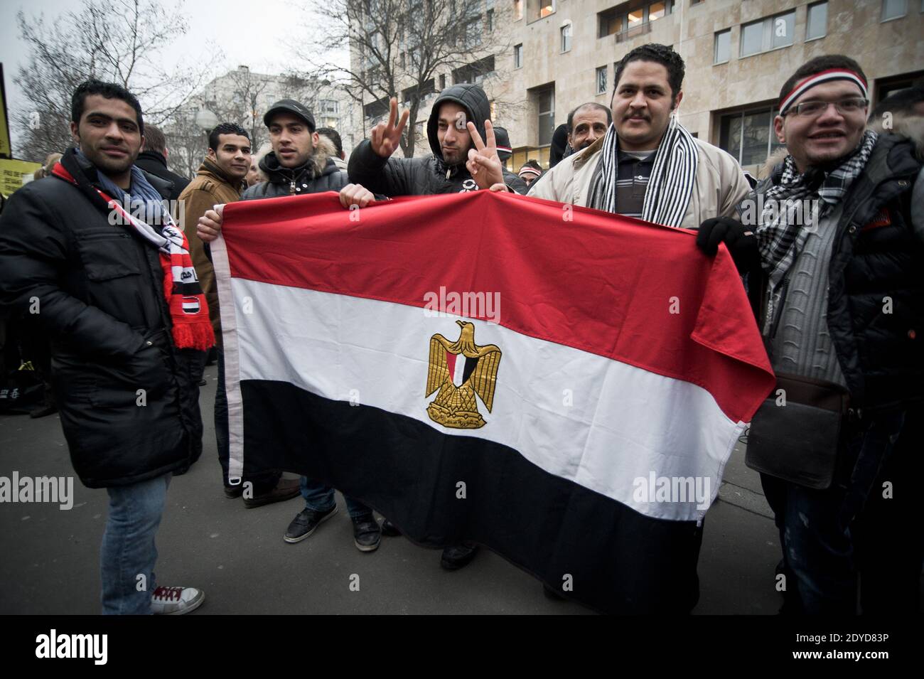 Dozens gather on the Boulevard de Belleville in Paris, France, Friday January 25, 2013, to show their support for the Egyptian people against the grip of radical Islamists in the corridors of power and the legal authority given to the army. Amnesty Internationnal and some supporters of the Syrian revolution took part. Photo by Nicolas Messyasz/ABACAPRESS.COM Stock Photo