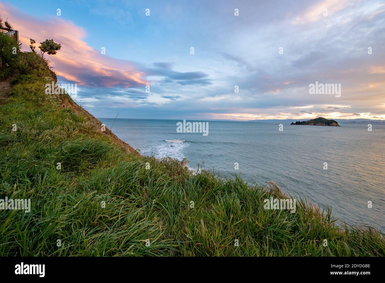 Grassy hillside at sunset under a colorful sky with the ocean in the background Stock Photo
