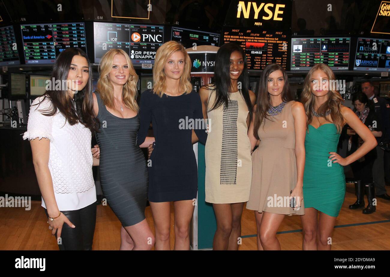 Sports Illustrated swimsuit models Jessica Gomes, Anne Vyalitsyna, Kate Bock, Adaora Cobb, Natasha Barnard and Jessica Perez ring the closing bell at the New York Stock Exchange on Wall Street in New York City, NY, USA on February 11, 2013. Photo by Charles Guerin/ABACAPRESS.COM Stock Photo