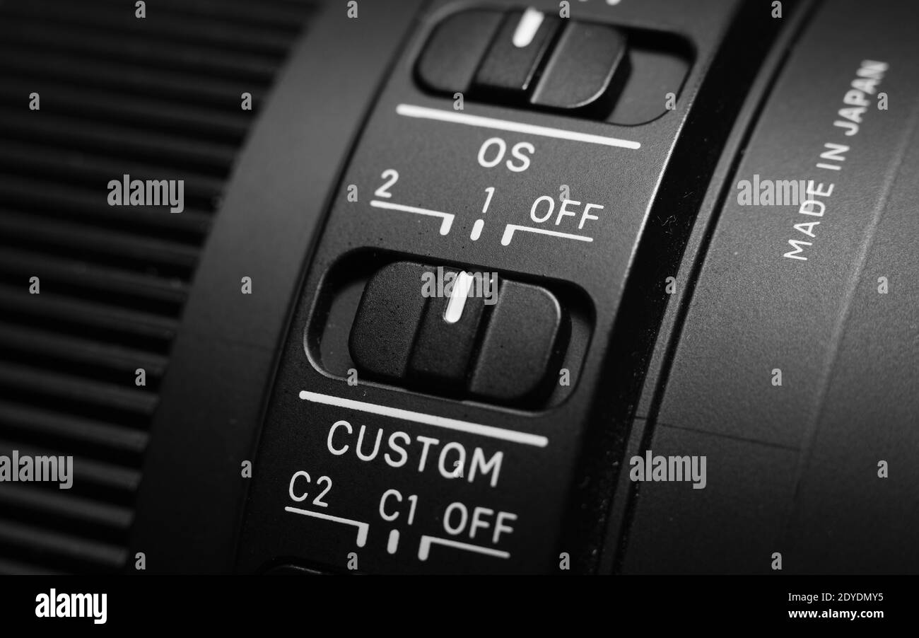 Close up of controls on a telephoto lens Stock Photo
