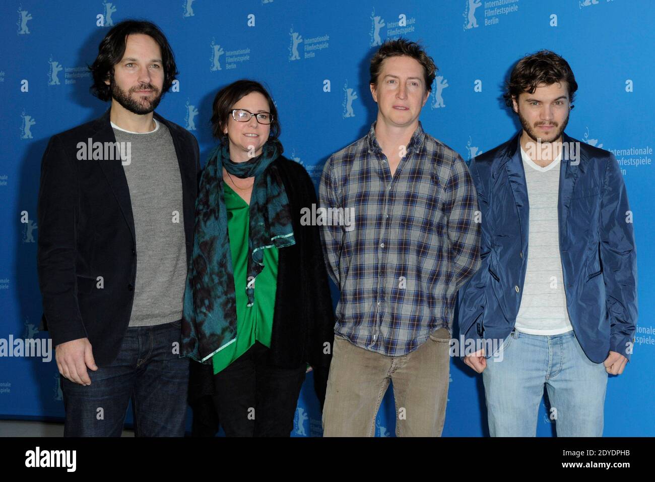 US actor Paul Rudd, US producer Lisa Muskat, US director and screenwriter David Gordon Green and US actor Emile Hirsch attending a photocall for 'Prince Avalanche' during the 63rd Berlin International Film Festival Berlinale, in Berlin, Germany on February 13, 2013. Photo by Aurore Marechal/ABACAPRESS.COM Stock Photo