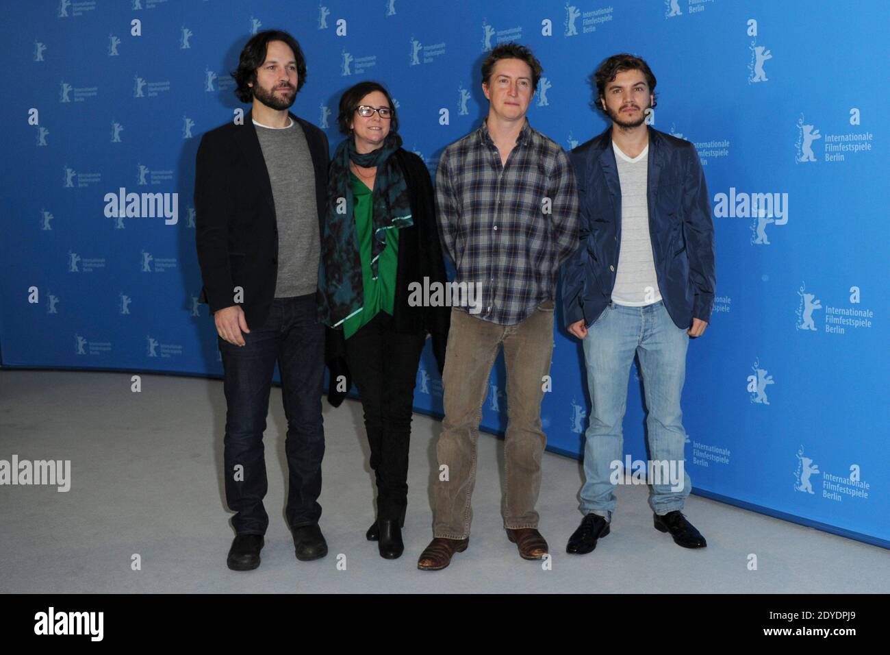 US actor Paul Rudd, US producer Lisa Muskat, US director and screenwriter David Gordon Green and US actor Emile Hirsch attending a photocall for 'Prince Avalanche' during the 63rd Berlin International Film Festival Berlinale, in Berlin, Germany on February 13, 2013. Photo by Aurore Marechal/ABACAPRESS.COM Stock Photo