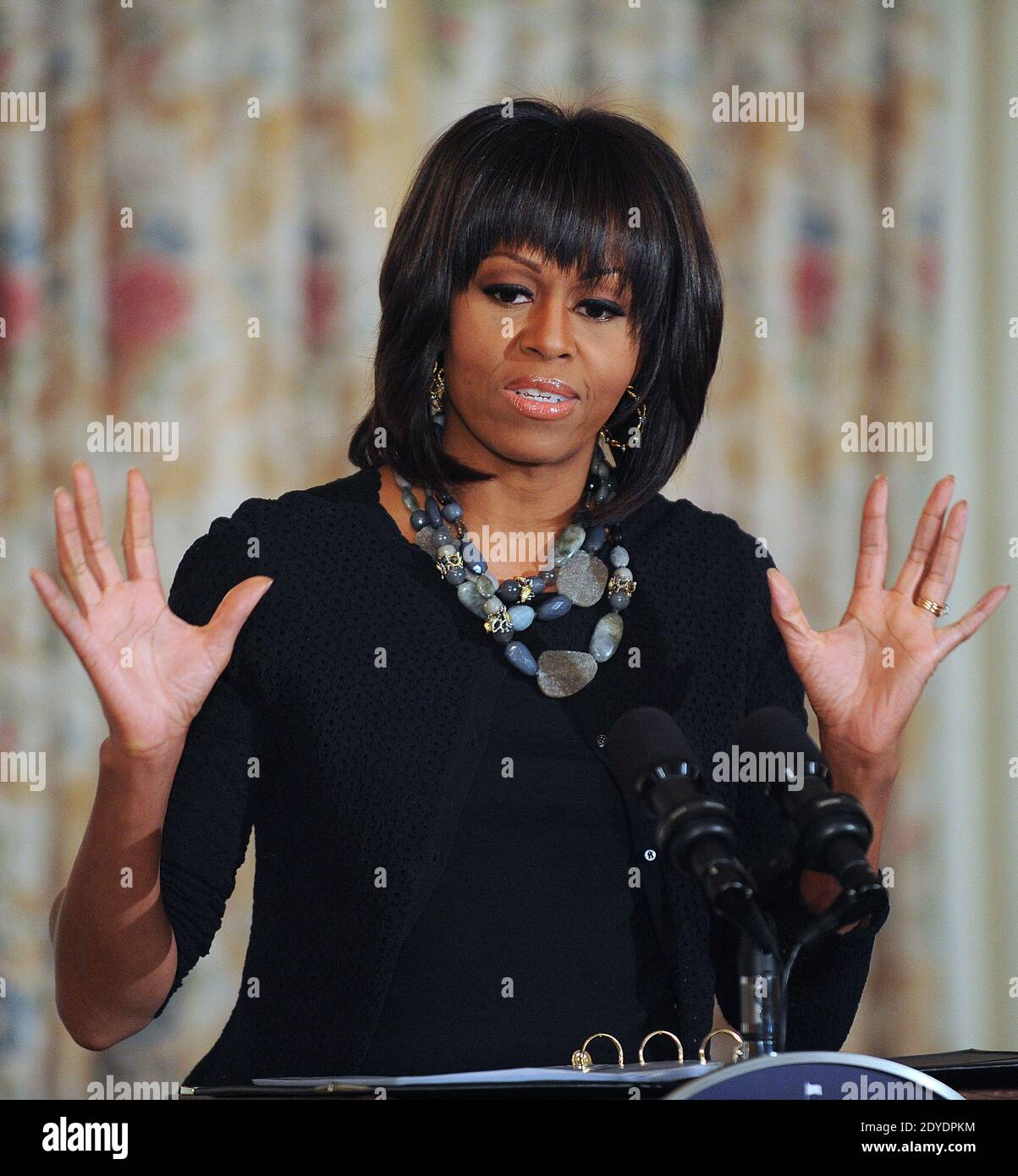 US first lady Michelle Obama speaks during an interactive student workshop with the cast and crew of the film 'Beasts of the Southern Wild' at the State Dining Room of the White House in Washington, DC., USA on February 13, 2013. Photo by Olivier Douliery/ABACAPRESS.COM Stock Photo