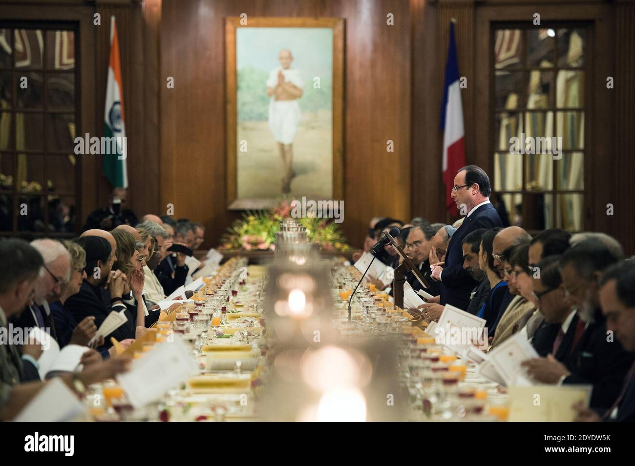 Indian President Pranab Mukherjee, Indian Prime Minister Manmohan Singh and his wife, French President Francois Hollande with his partner Valerie Trierweiler attend the State Dinner at the Rashtrapati Bhavan, Presidential palace in New Delhi, India on February 14, 2013. Photo by David Niviere/Pool/ABACAPRESS.COM Stock Photo