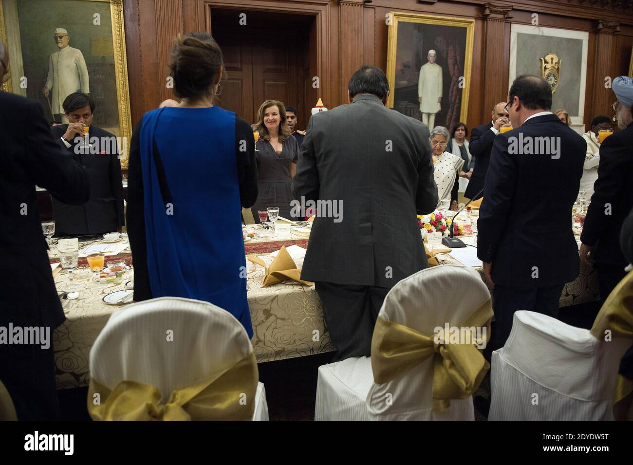 Indian President Pranab Mukherjee, Indian Prime Minister Manmohan Singh and his wife, French President Francois Hollande with his partner Valerie Trierweiler attend the State Dinner at the Rashtrapati Bhavan, Presidential palace in New Delhi, India on February 14, 2013. Photo by David Niviere/Pool/ABACAPRESS.COM Stock Photo