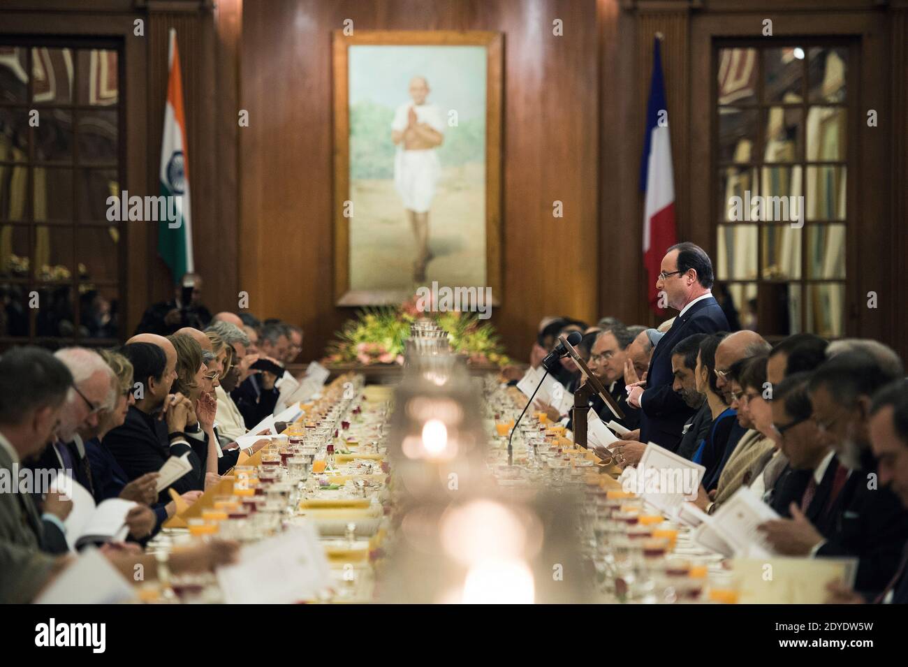 Indian President Pranab Mukherjee, Indian Prime Minister Manmohan Singh and his wife, French President Francois Hollande with his partner Valerie Trierweiler attend the State Dinner at the Rashtrapati Bhavan, Presidential palace in New Delhi, India on February 14, 2013. Photo by David Niviere/Pool/ABACAPRESS.COM Stock Photo