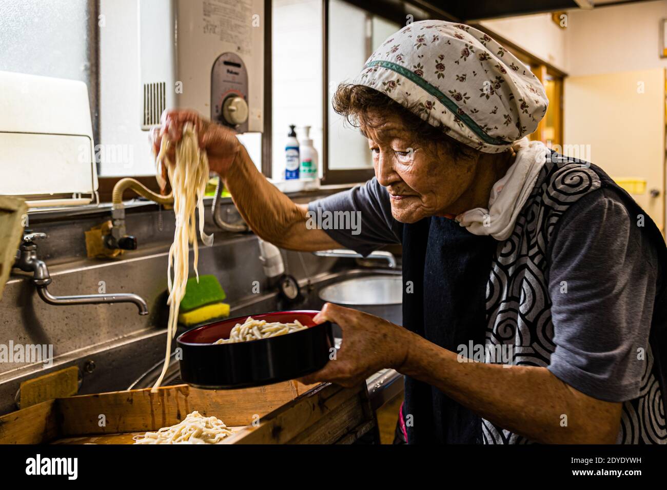 Soba Noodle Preparation in Fujinomiya, Japan Stock Photo