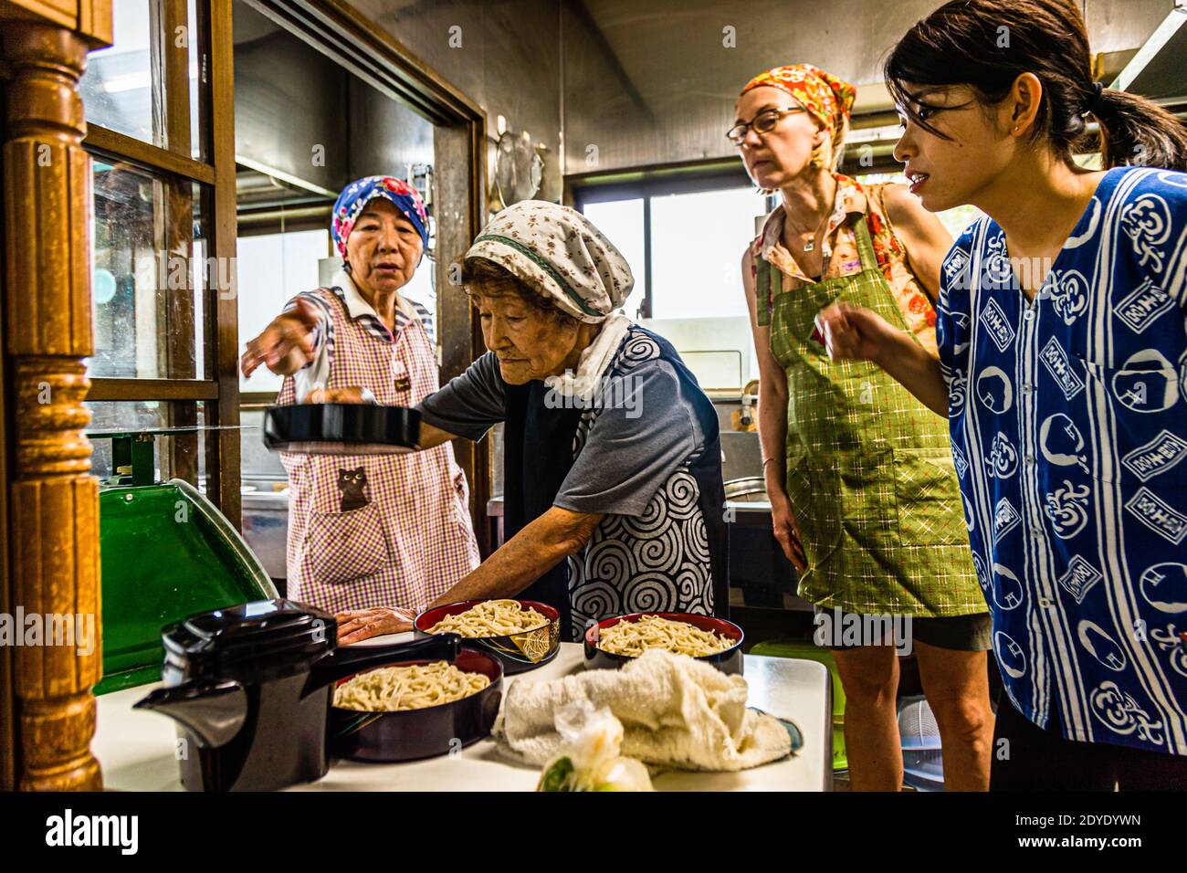 Learning from the elder ones: Soba Noodle Preparation in Fujinomiya, Japan Stock Photo