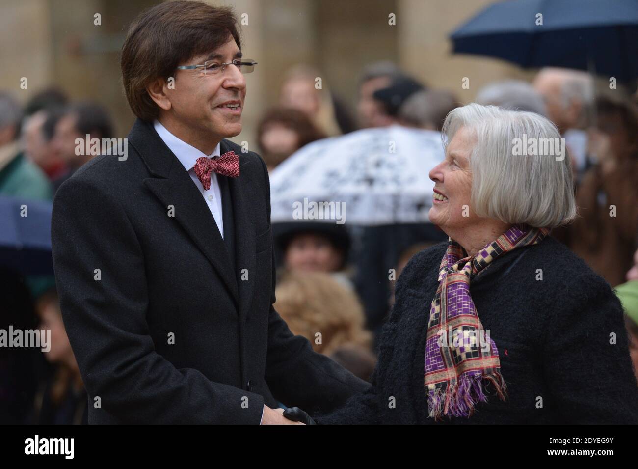 Belgium prime minister Elio Di Rupo and Christiane Hessel attending an national homage ceremony for Stephane Hessel, at Les Invalides in Paris, France on March 7, 2013. Hessel died on February 27, 2013 at age 95. He was a diplomat, ambassador, writer, concentration camp survivor and French Resistance member. In 2010, Hessel published his world-famous essay, 'Indignez-vous !' ('Time for Outrage!) which inspired protest movements in many countries. Photo by Christophe Guibbaud/ABACAPRESS.COM Stock Photo